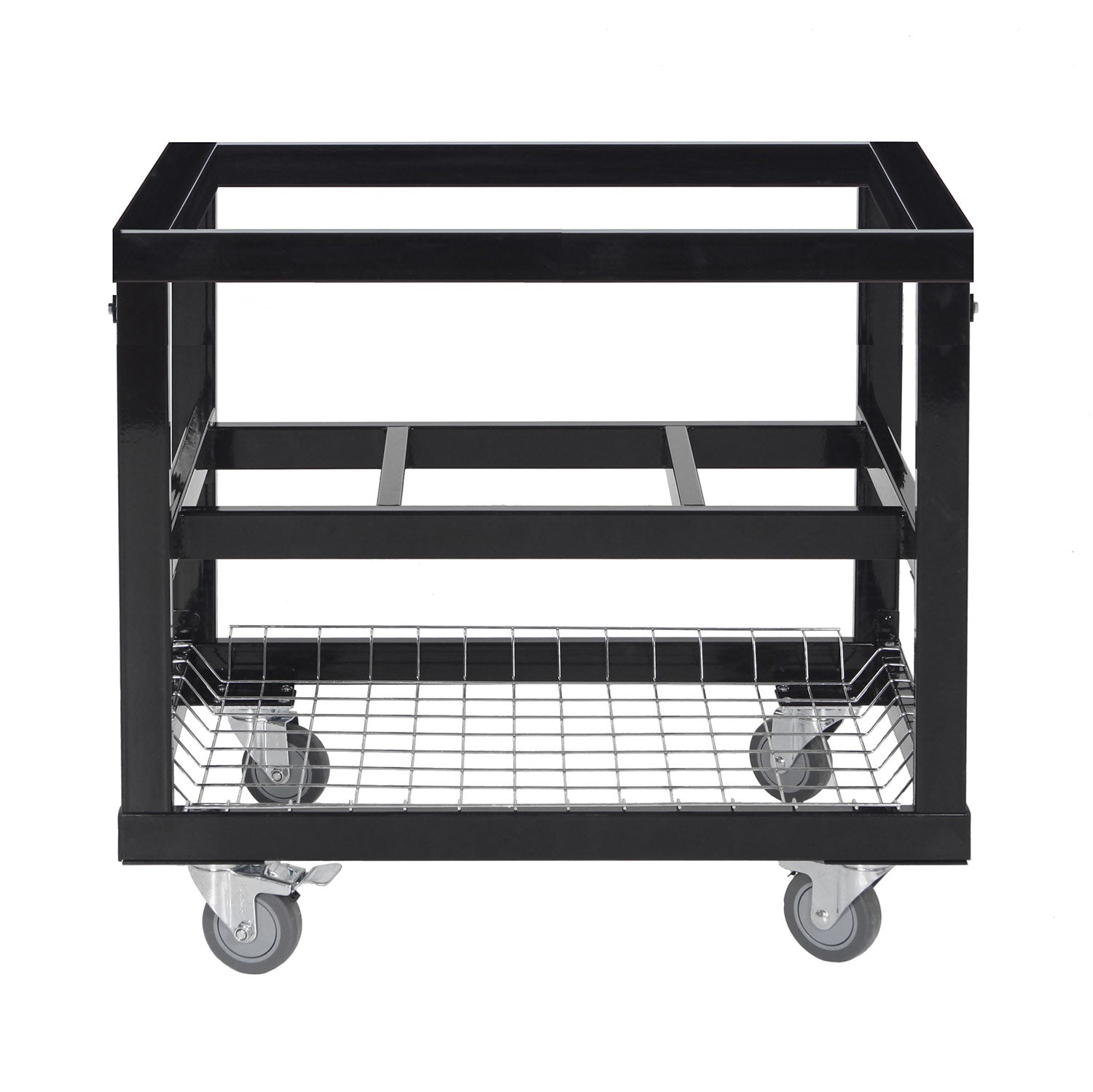 Black Primo cart with wire basket, shelving racks, and four caster wheels.