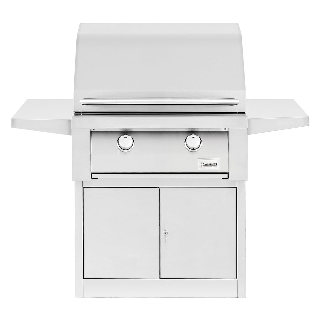 30-inch gas grill with pedestal, two control knobs, and two cabinet doors in stainless steel