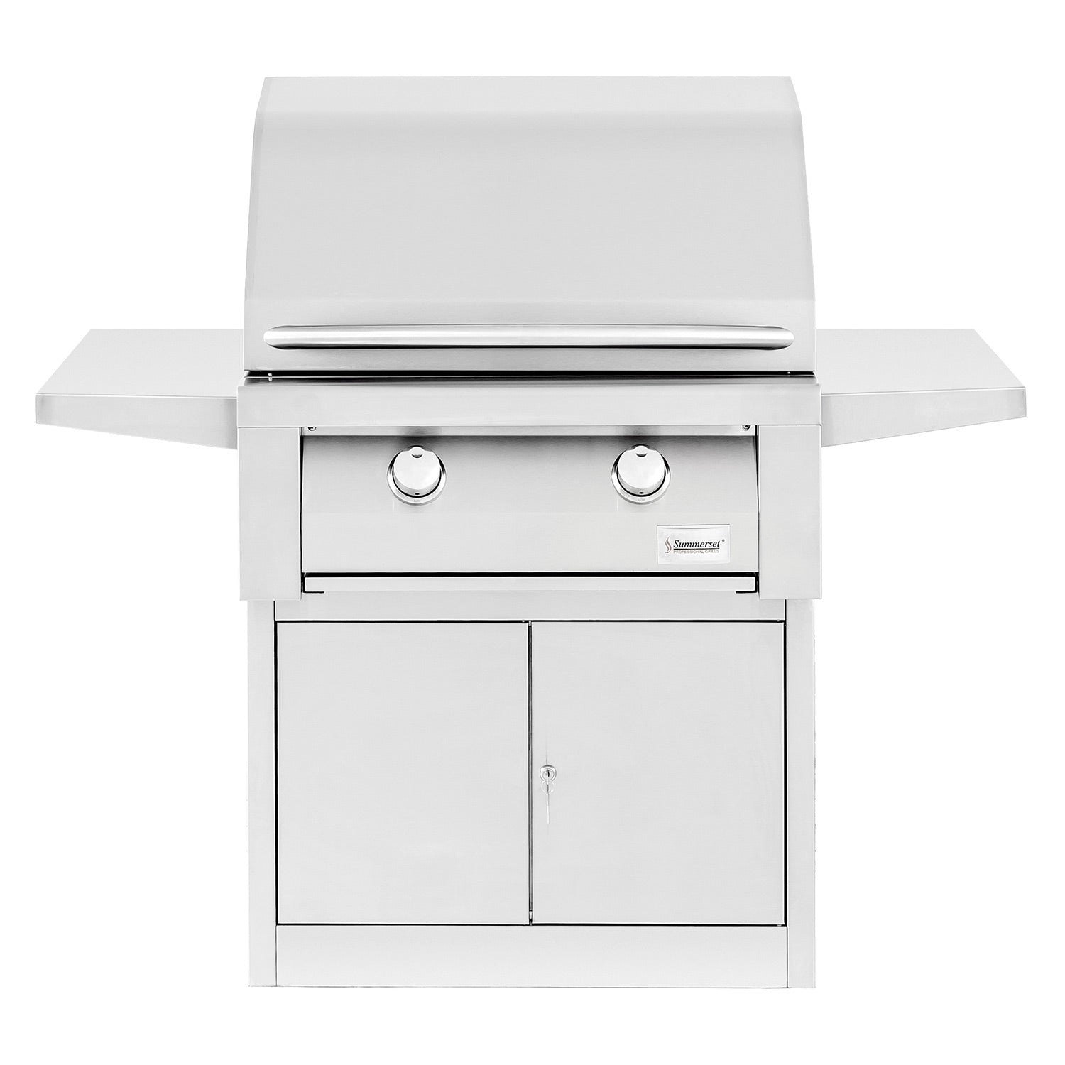 30-inch gas grill with pedestal, two control knobs, and two cabinet doors in stainless steel