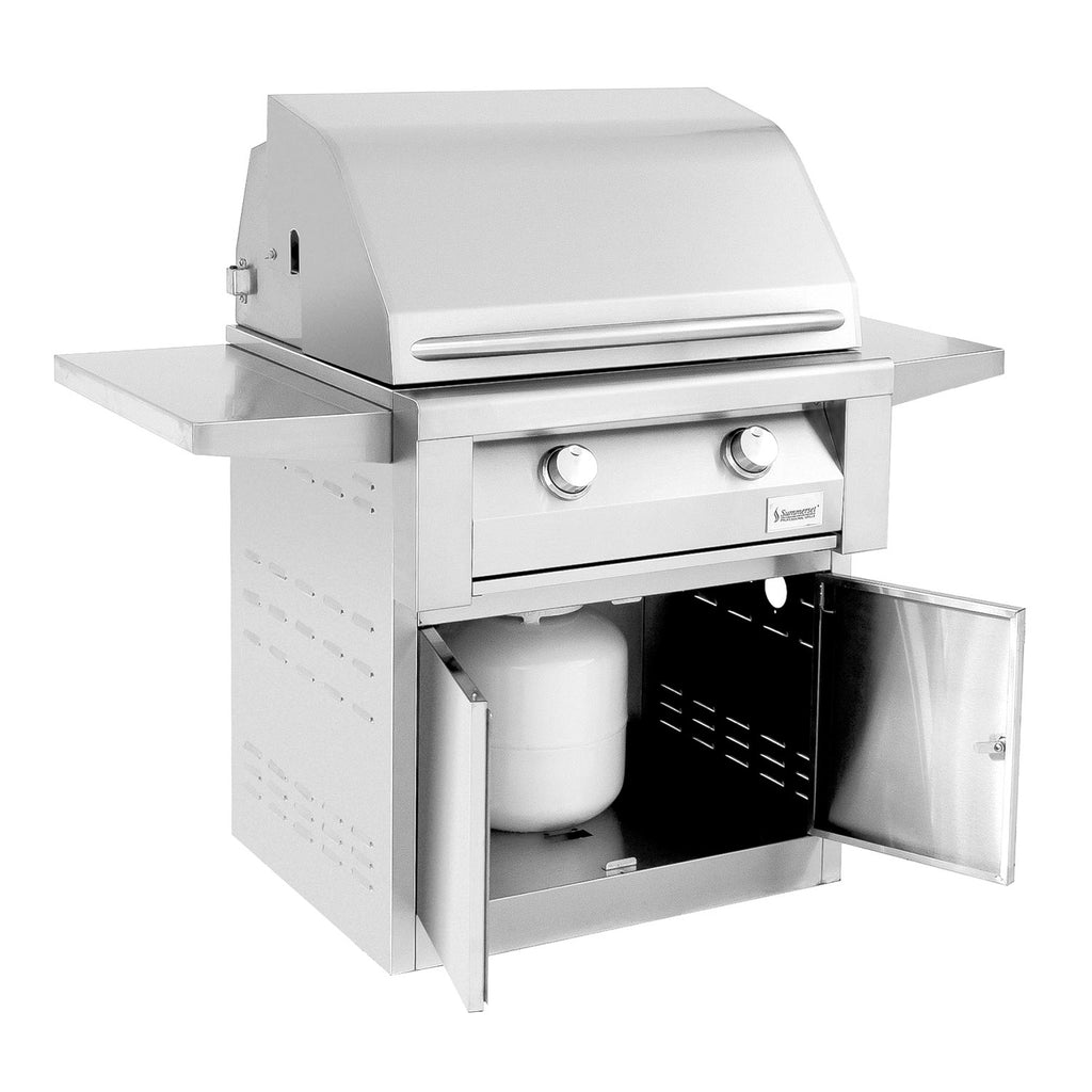 Gas grill with open cabinet door, two front control knobs, and side shelf in stainless steel