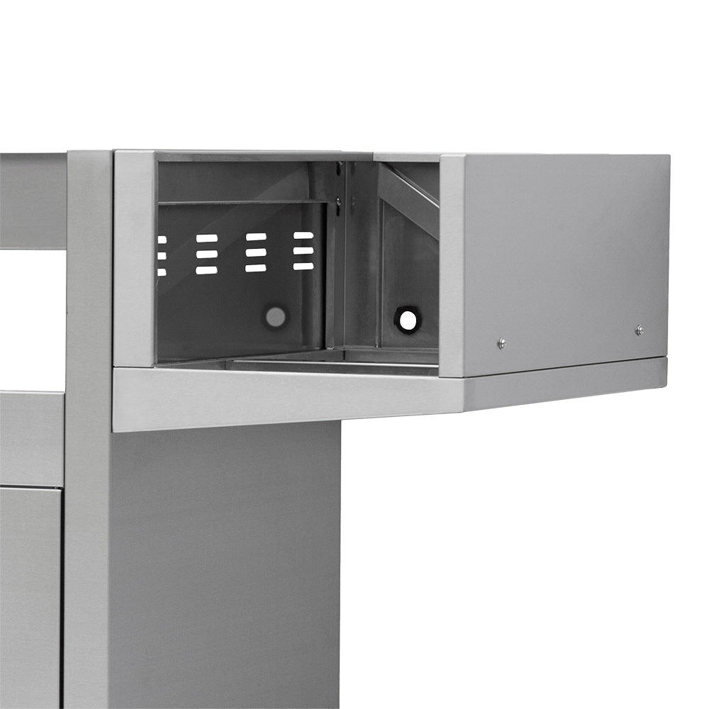 Metal left-side side burner mounting bracket with open compartment and screw holes