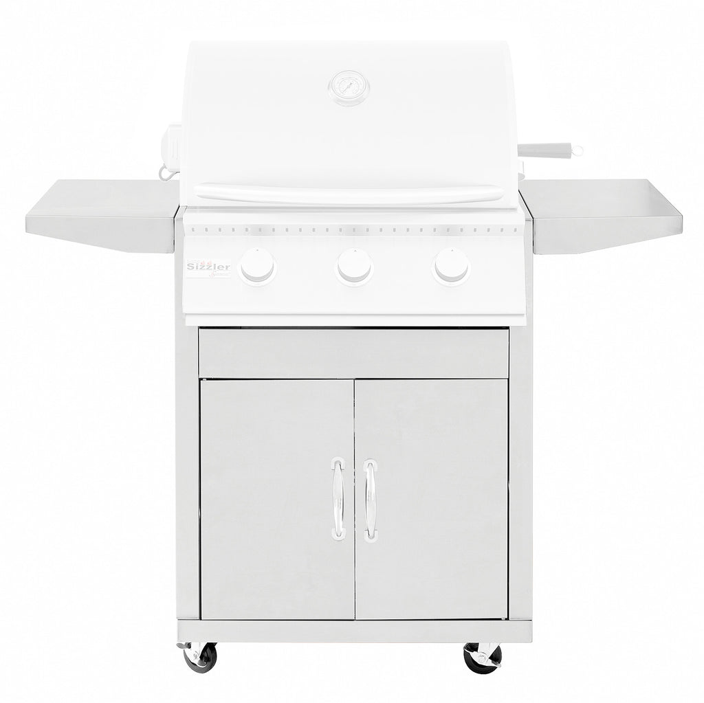 26-inch grill cart with grill, two door cabinets, and caster wheels
