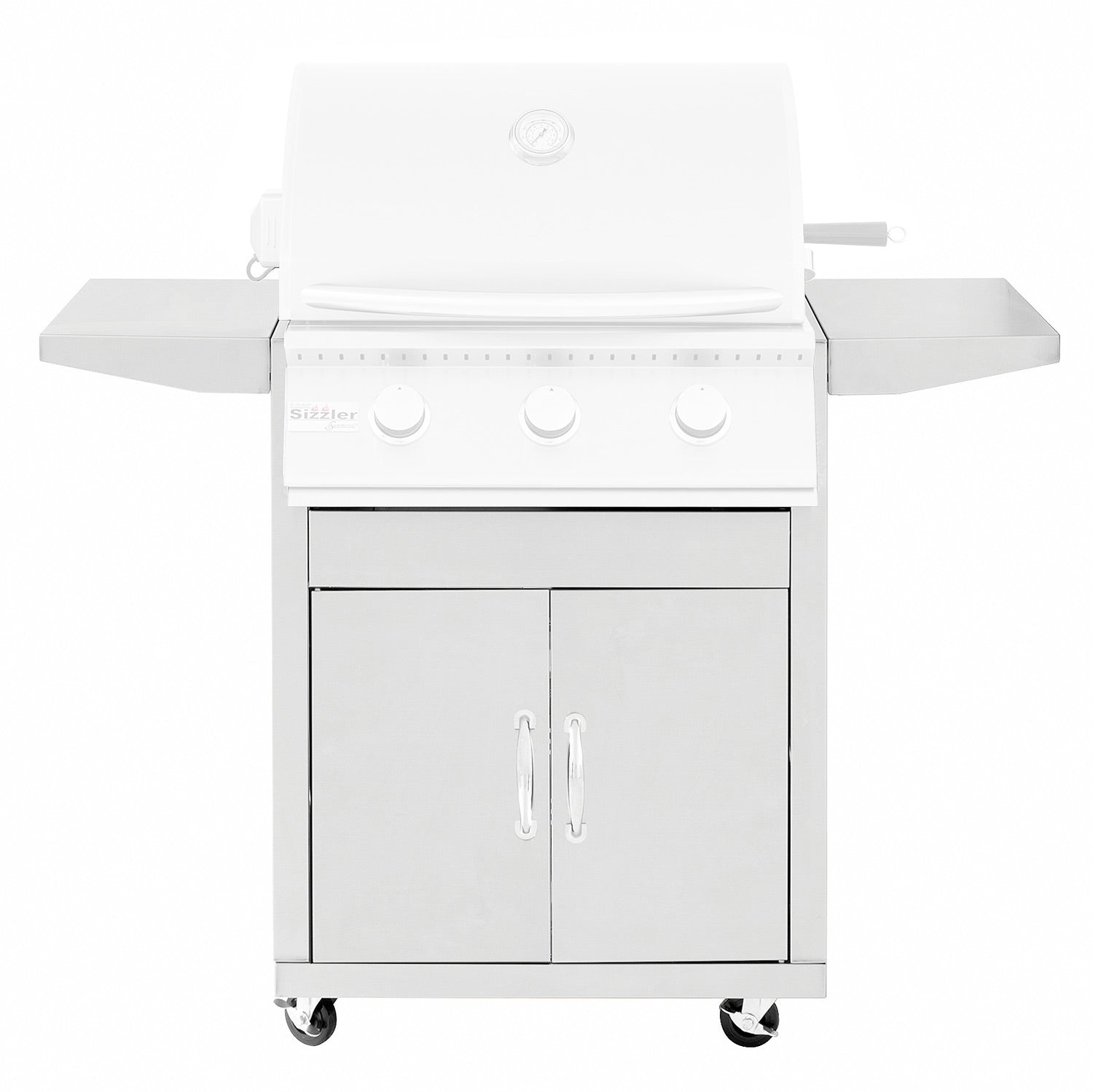 26-inch grill cart with grill, two door cabinets, and caster wheels