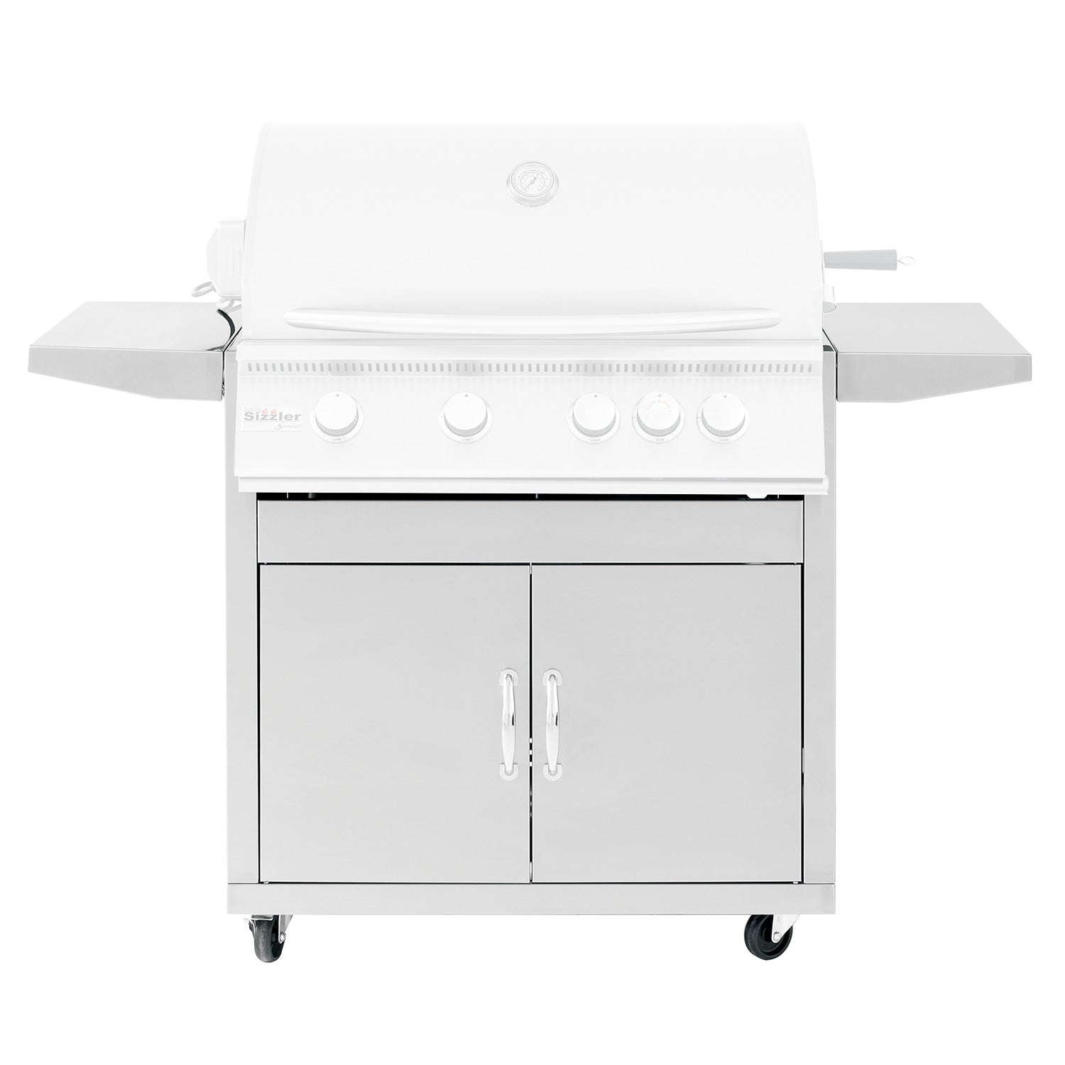 Grill cart with closed cabinet doors, control knobs, and side shelves