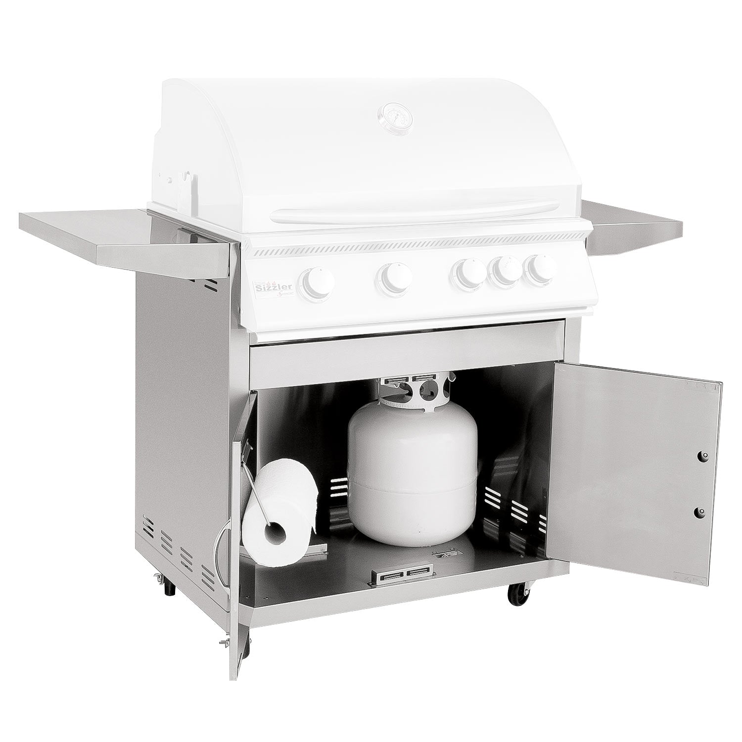 Grill cart with open cabinet showing cylinder storage and side shelves