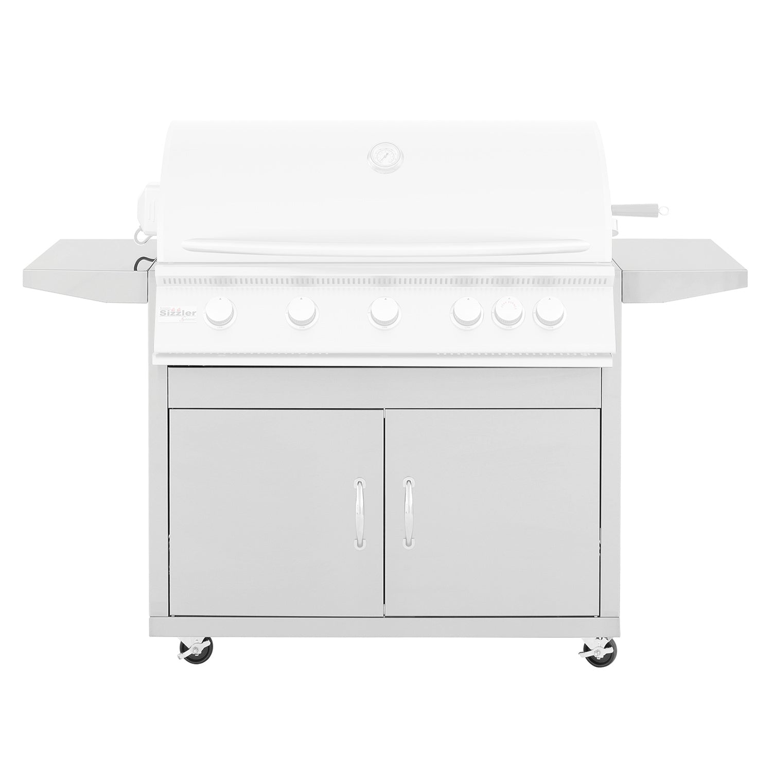 White grill cart with double-door cabinet and control knobs on front