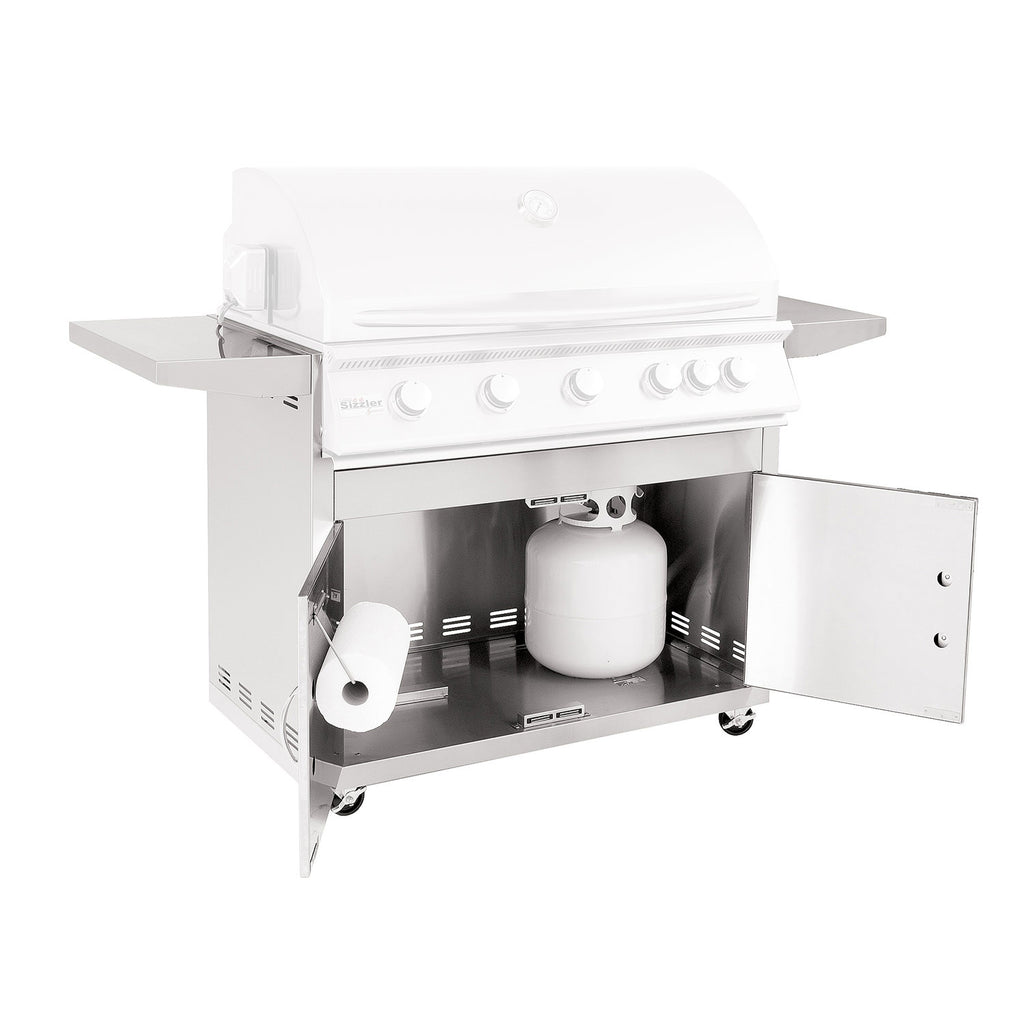 White grill cart with open side cabinet and stainless steel cooking grates