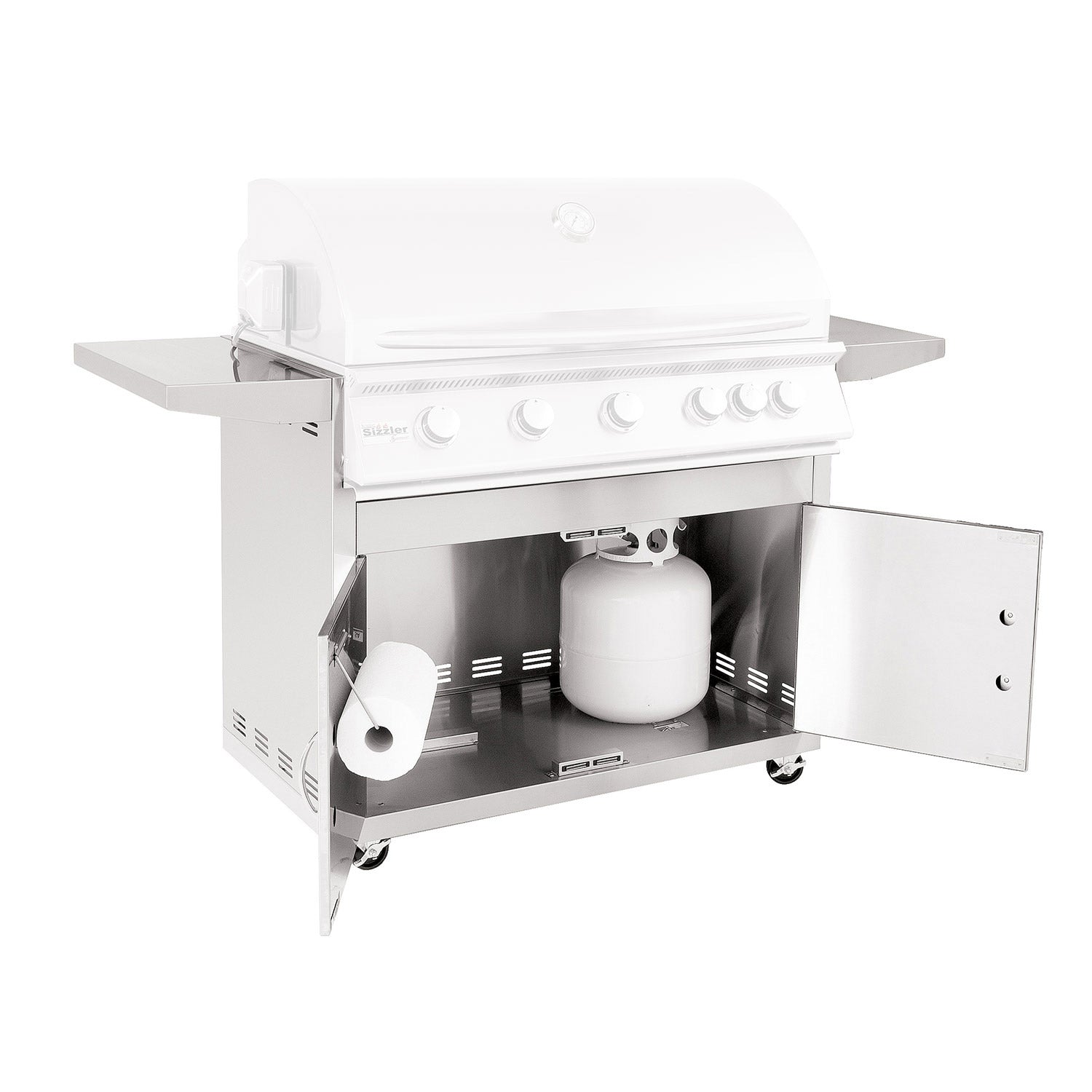 White grill cart with open side cabinet and stainless steel cooking grates