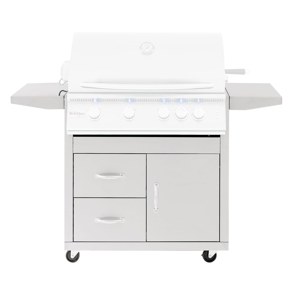 32-inch grill cart with closed doors and two drawers, white cabinet base
