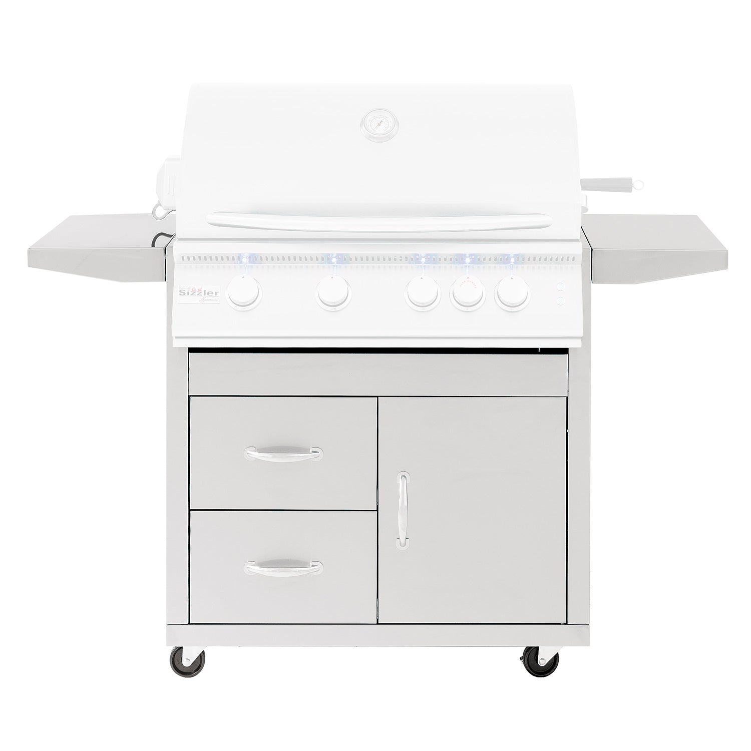 32-inch grill cart with closed doors and two drawers, white cabinet base