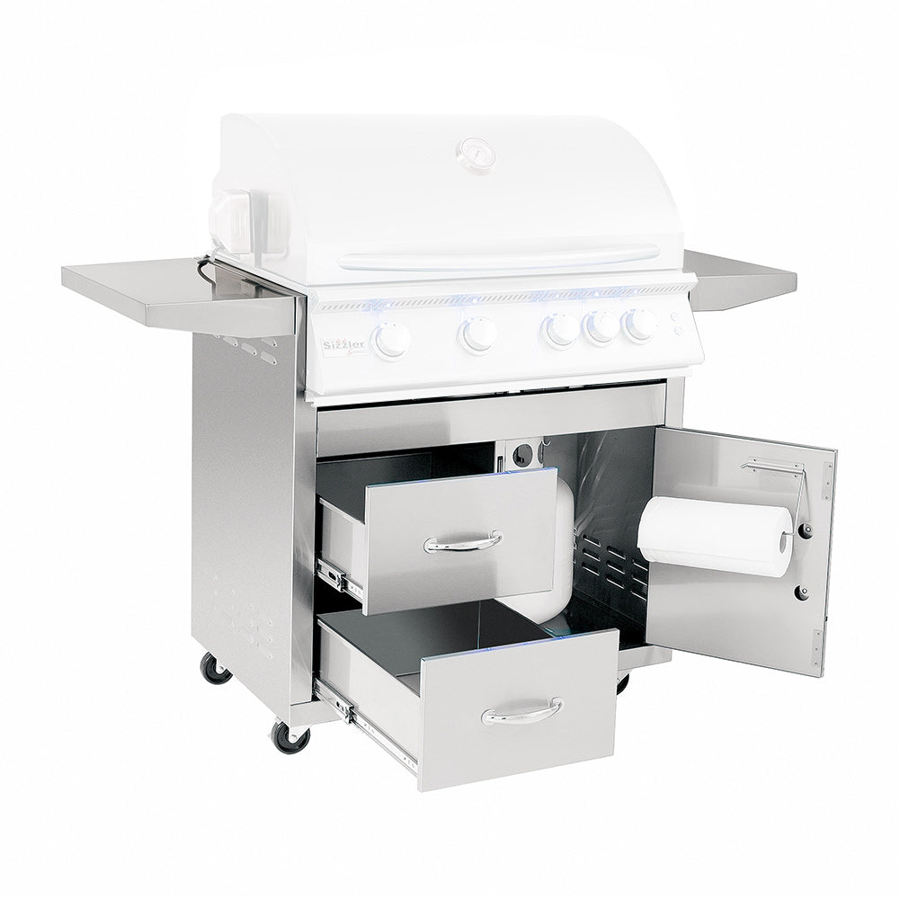 32-inch grill cart with open storage drawers and cabinet doors, white exterior