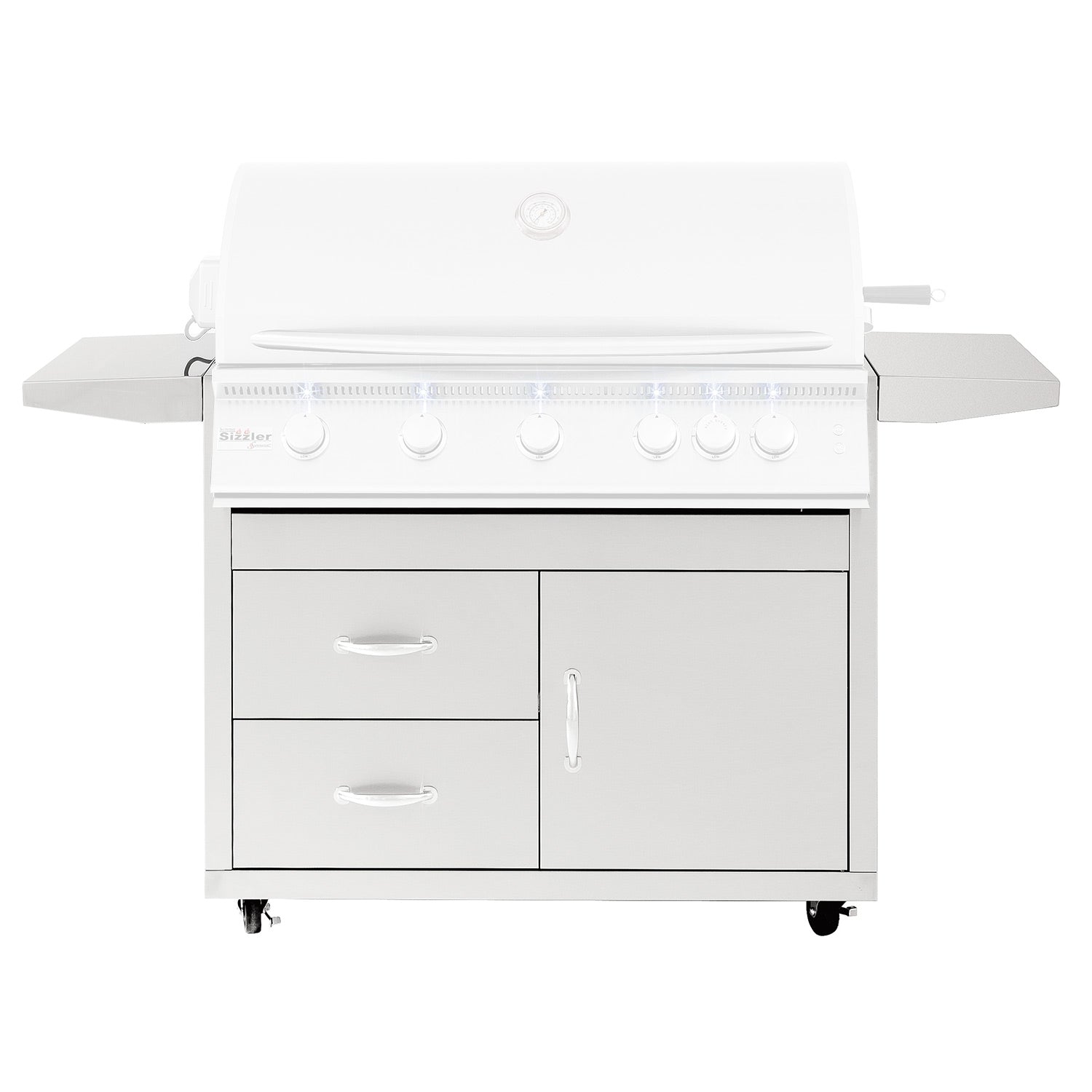 White 40-inch grill cart with two drawer fronts and control knobs