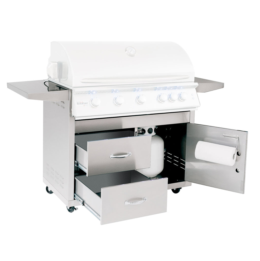 White 40-inch grill cart with open cabinet drawers and side storage shelves
