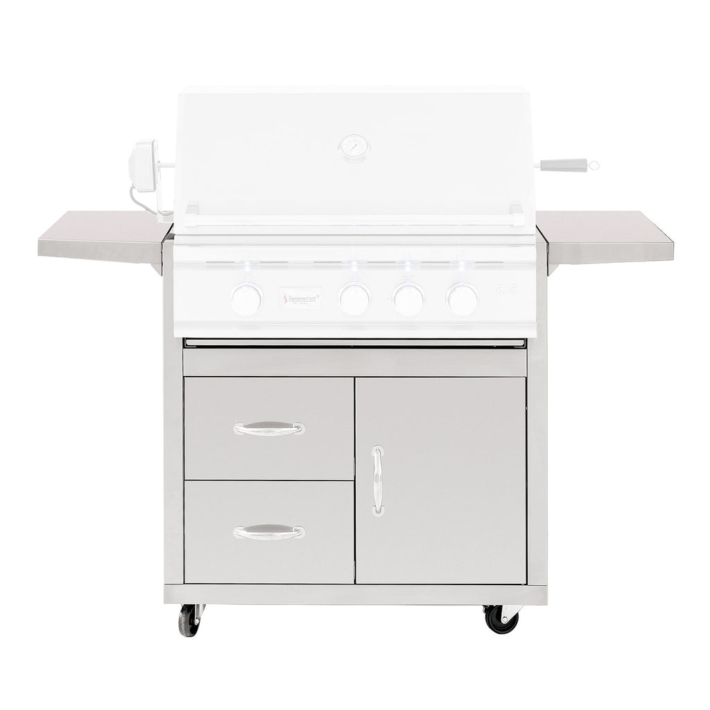 Outdoor grill cart with double cabinet doors and control knobs, white finish