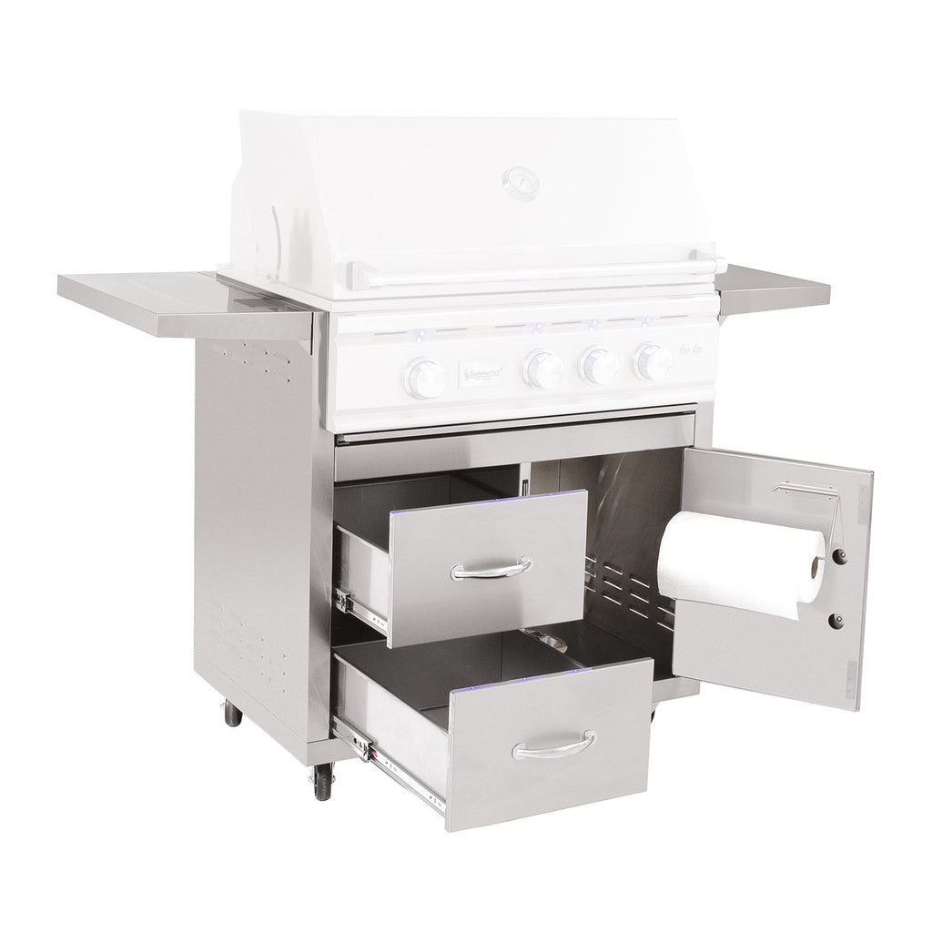 Outdoor grill cart with open storage doors and drawers, white finish, chrome handles