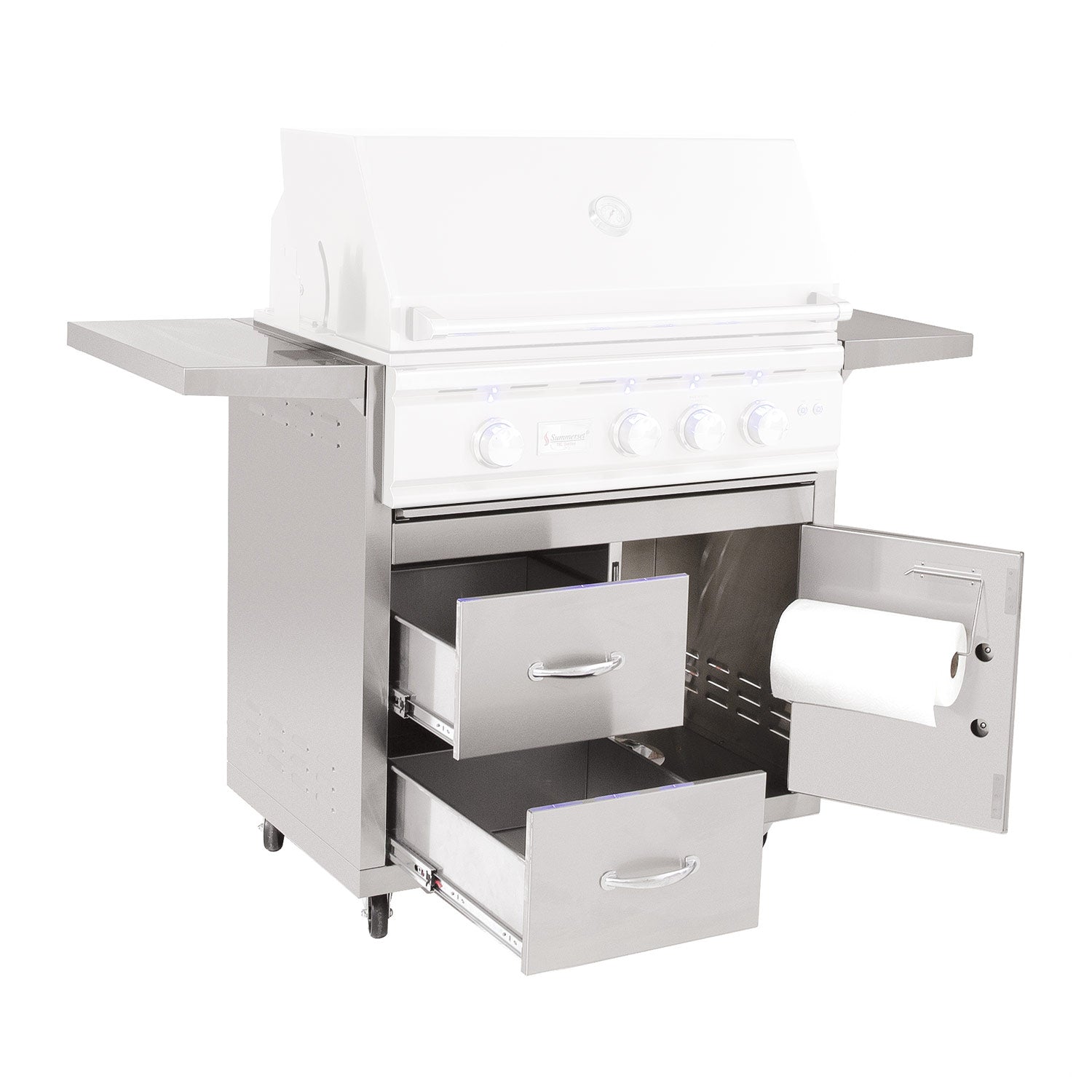 Outdoor grill cart with open storage doors and drawers, white finish, chrome handles