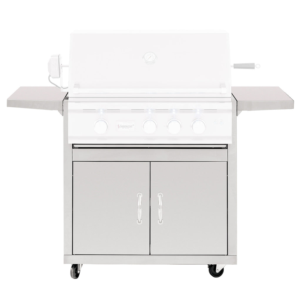 Stainless steel outdoor grill cart with two doors and large side shelves