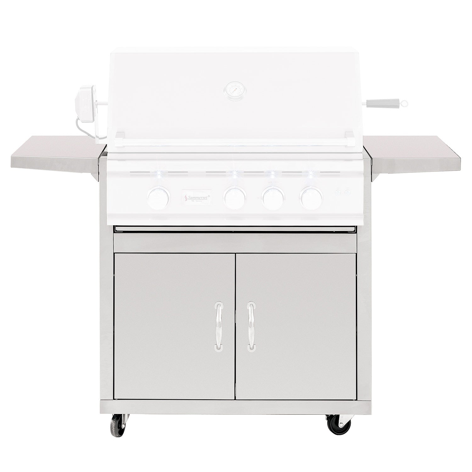 Stainless steel outdoor grill cart with two doors and large side shelves