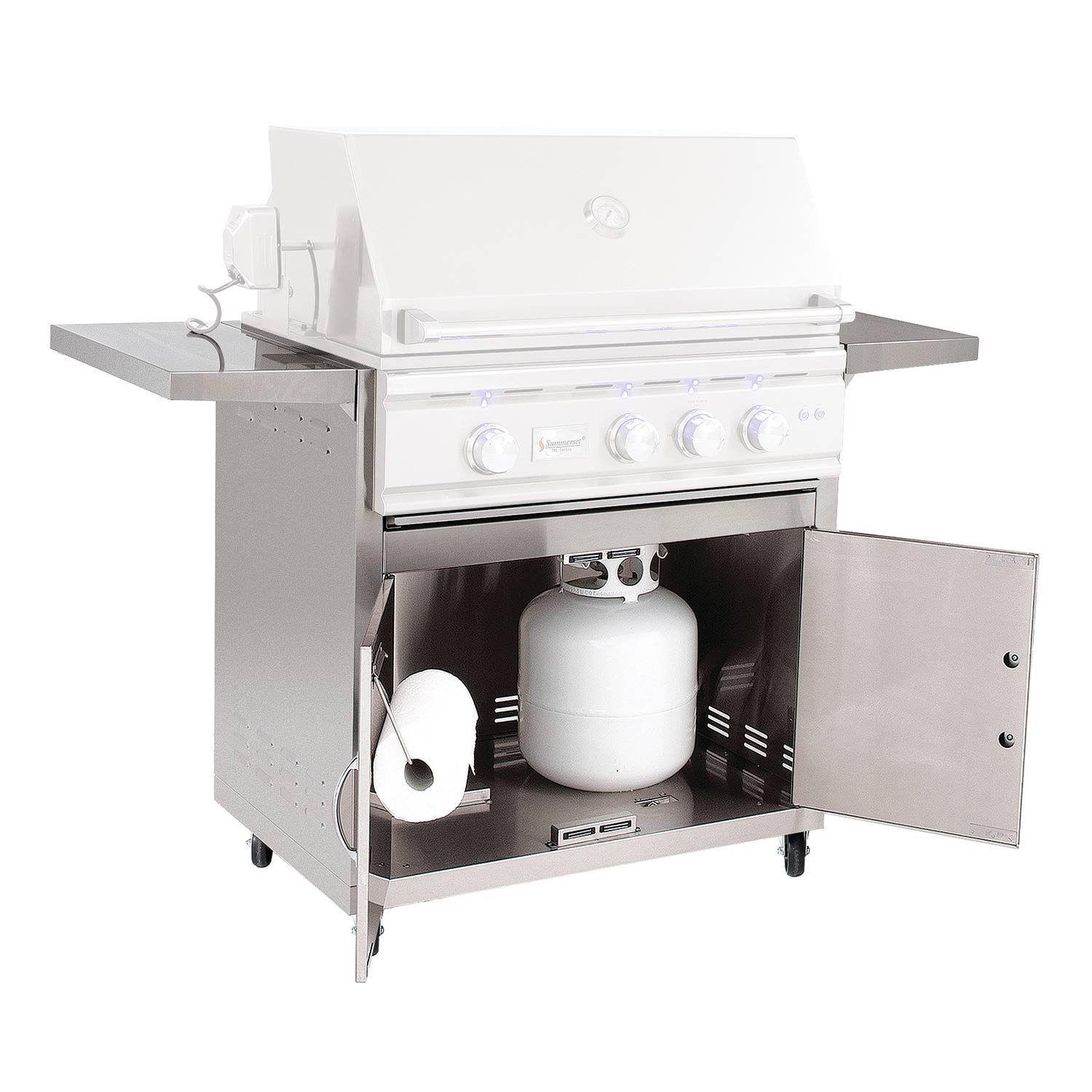Stainless steel grill cart with open side cabinet and propane tank storage area
