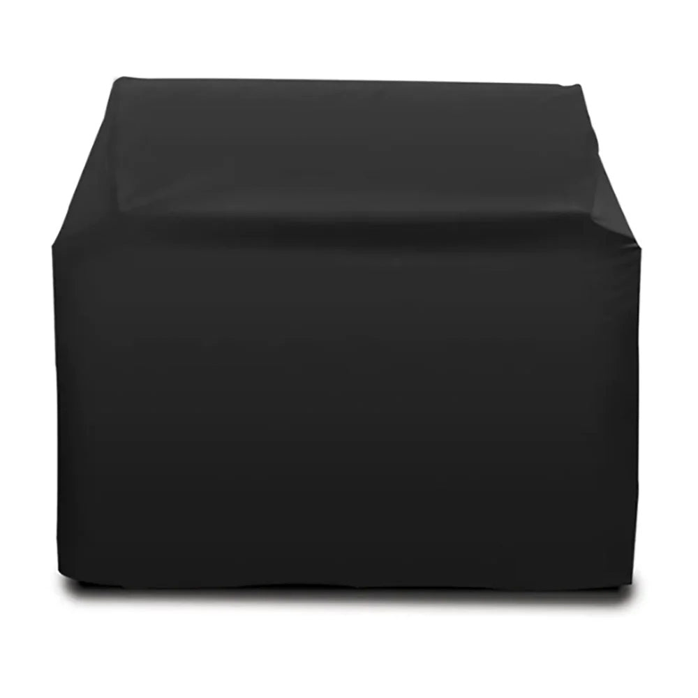 Black vinyl grill cart cover with fitted sloped top and elastic hem