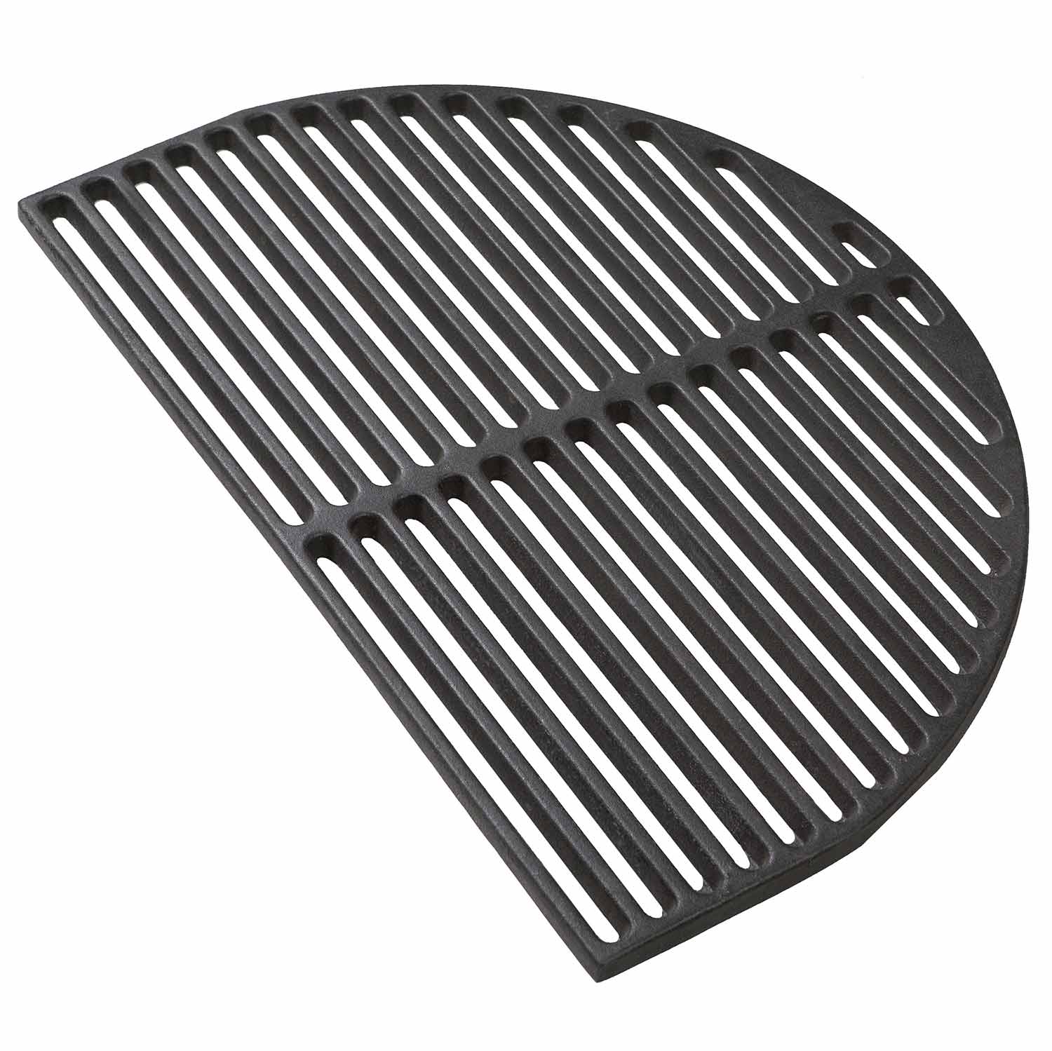 Half-moon cast iron searing grate with raised bars and drainage slots