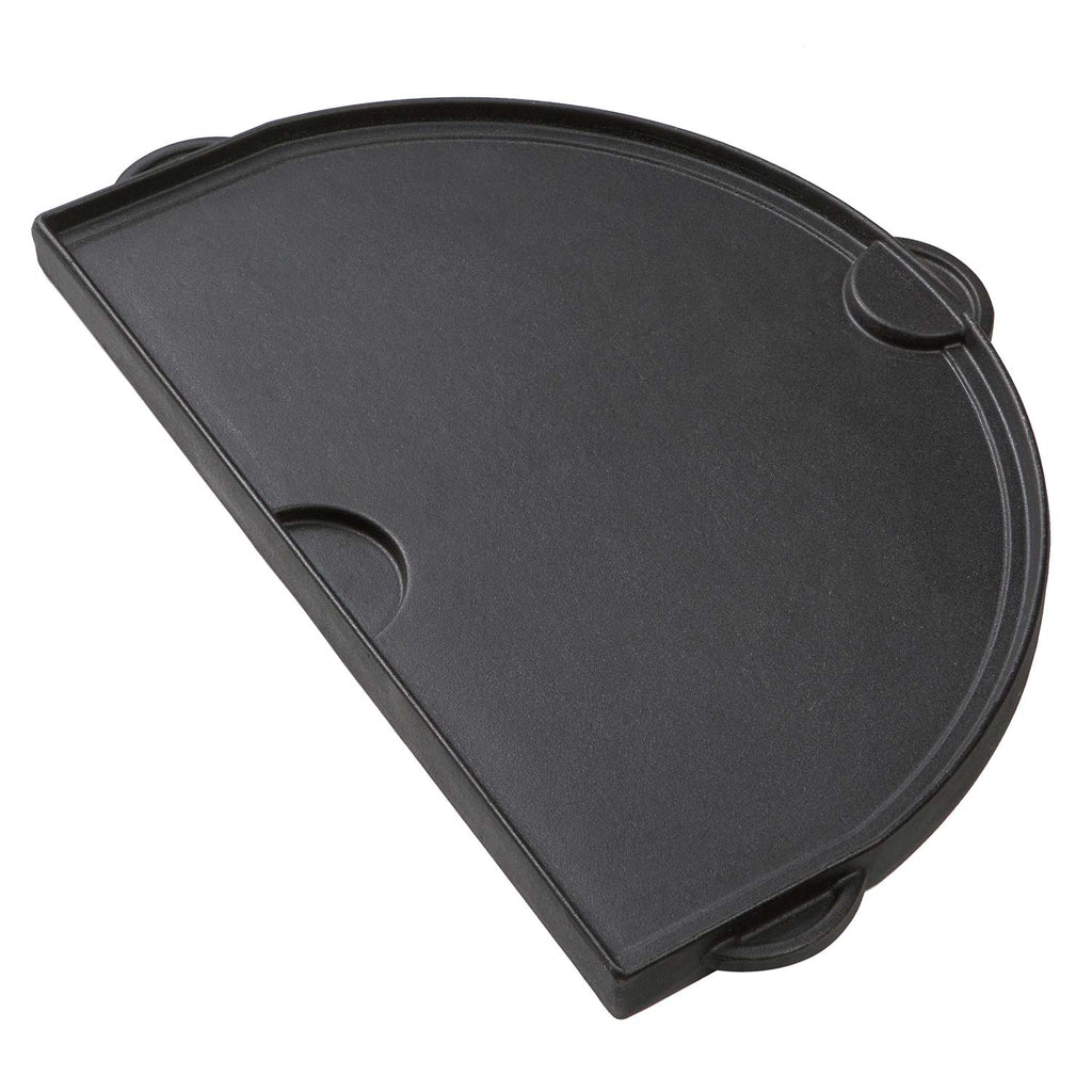 Half-moon cast iron griddle with side handle loops, smooth dark surface