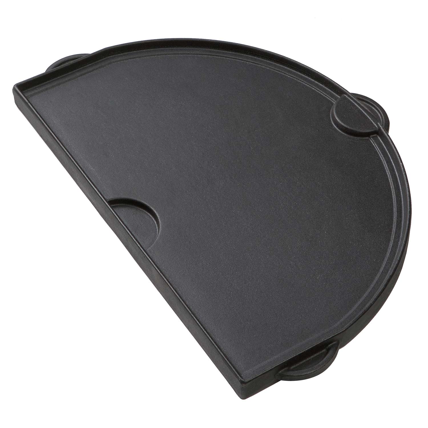 Half-moon cast iron griddle with side handle loops, smooth dark surface