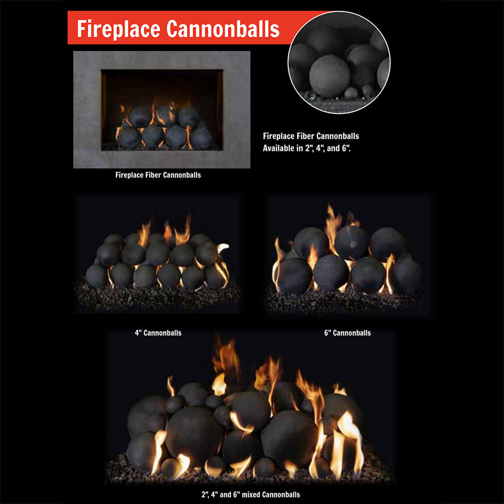 Fireplace with dark cannon balls and burning flames, shown in several sizes