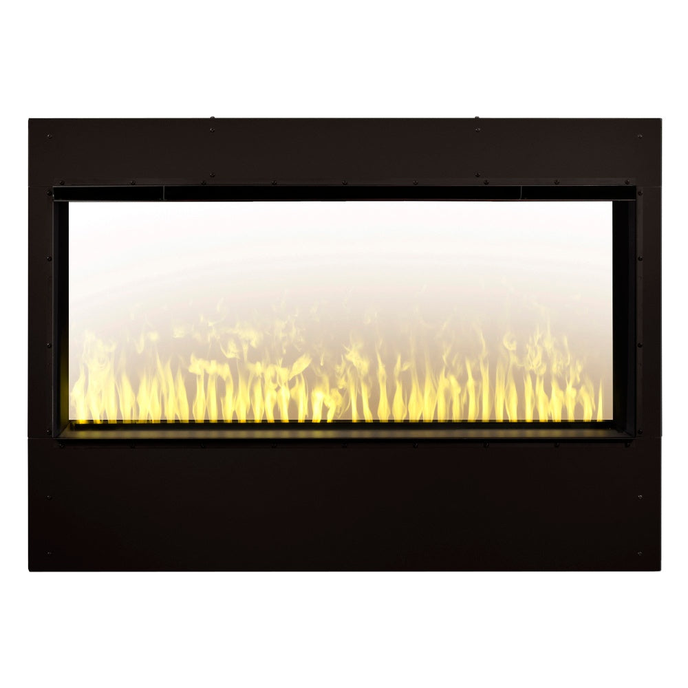 Built-in water vapor firebox with black frame and yellow flame effect