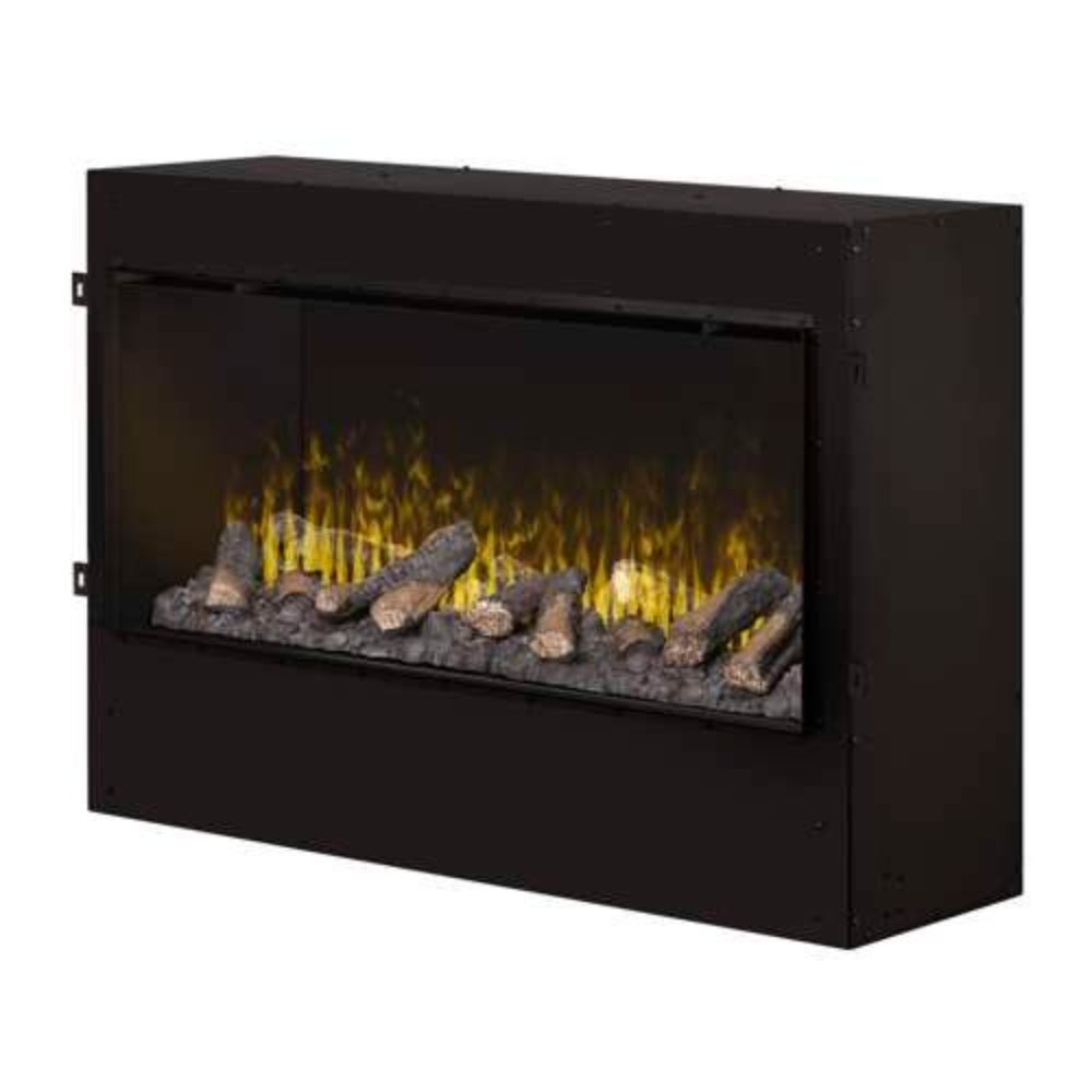 Built-in water vapor firebox with black frame, glowing yellow flames over gray logs