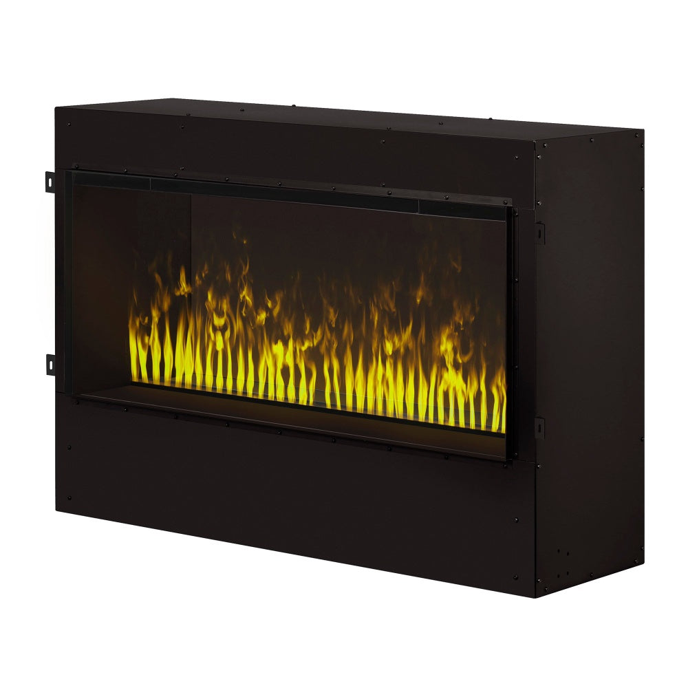Built-in water vapor firebox with black frame and bright yellow flame bed