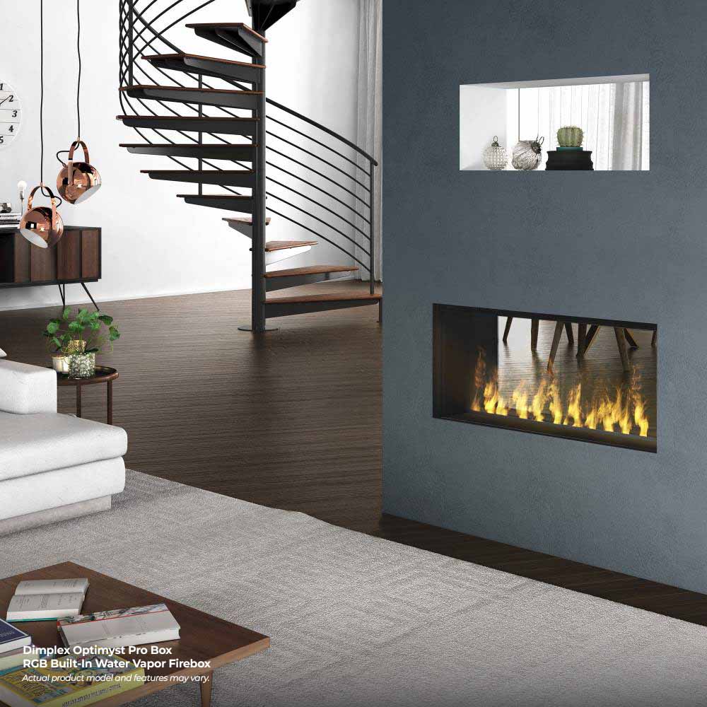 Built-in water vapor firebox wall insert with black frame showing yellow flames