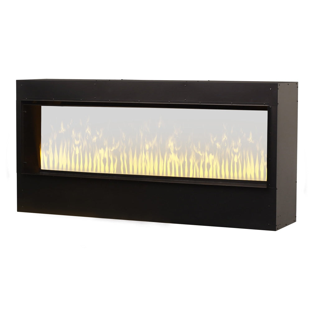 Electric water vapor firebox with pale white flame effect in black rectangular frame