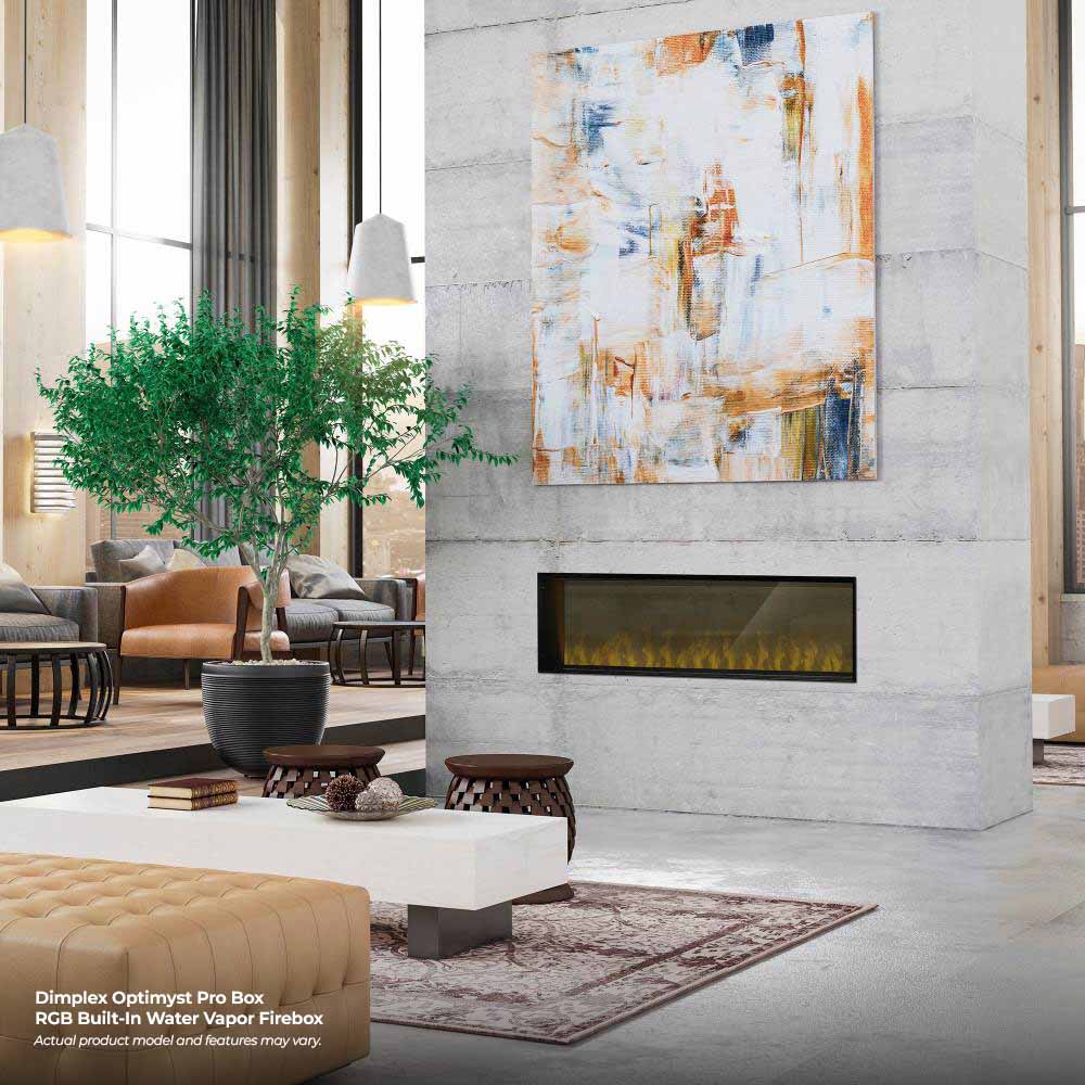 Built-in electric water vapor firebox with golden flame effect inside black opening