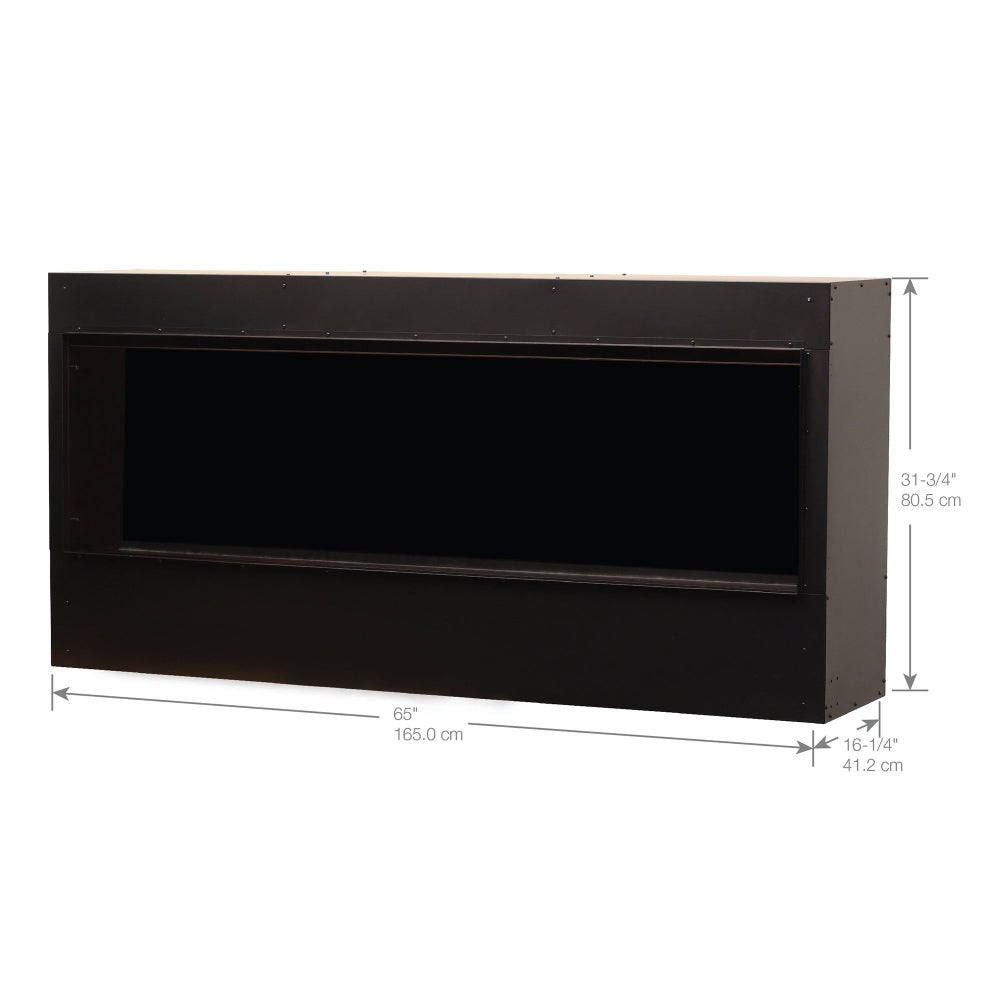 Black electric water vapor firebox with empty viewing window and dimension labels