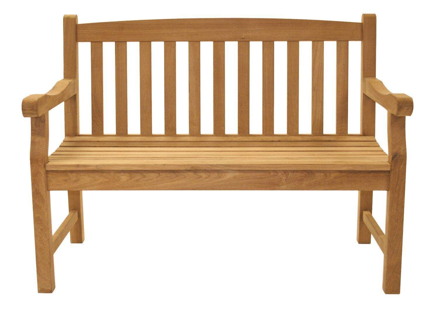 Two-seater teak bench with slatted back and seat, curved armrests
