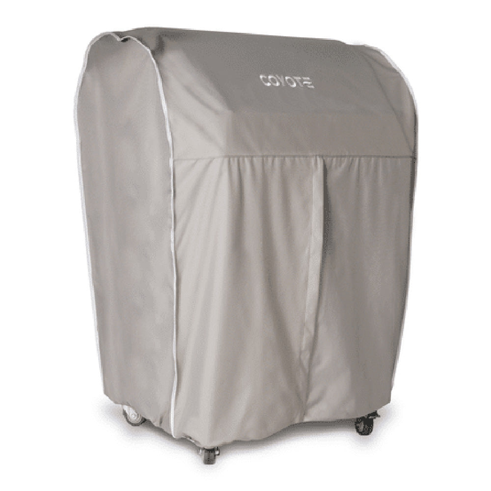 Light gray vinyl grill cover for built-in 42-inch Coyote grill, with wheels