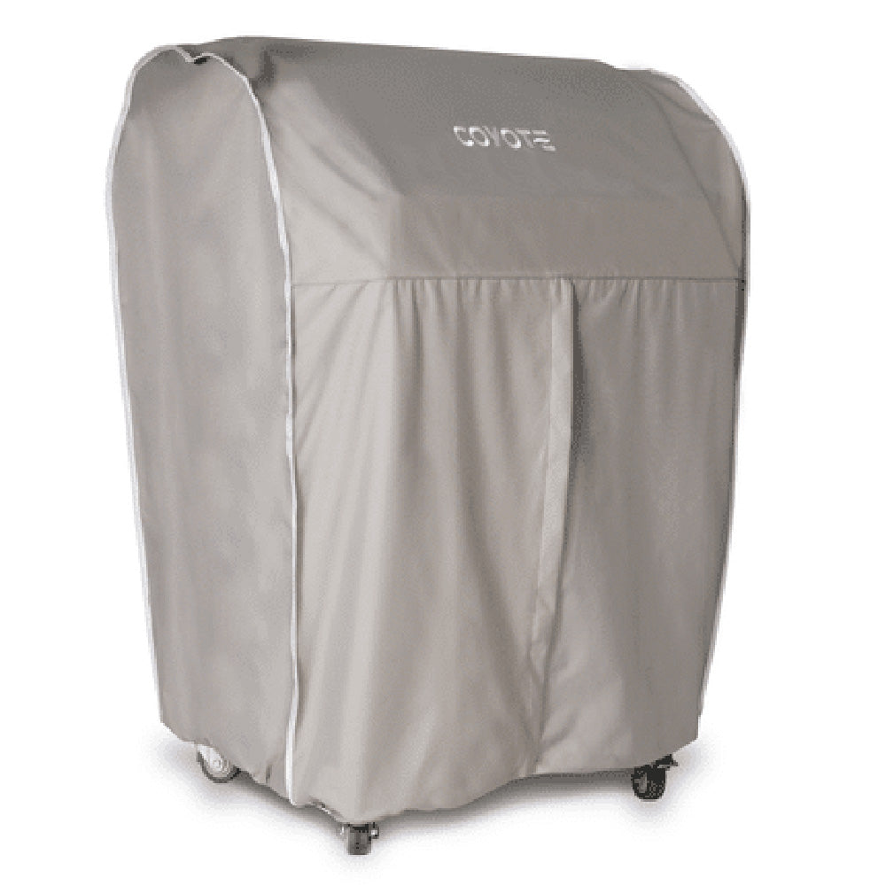 Light gray vinyl grill cover with COYOTE logo for a freestanding grill