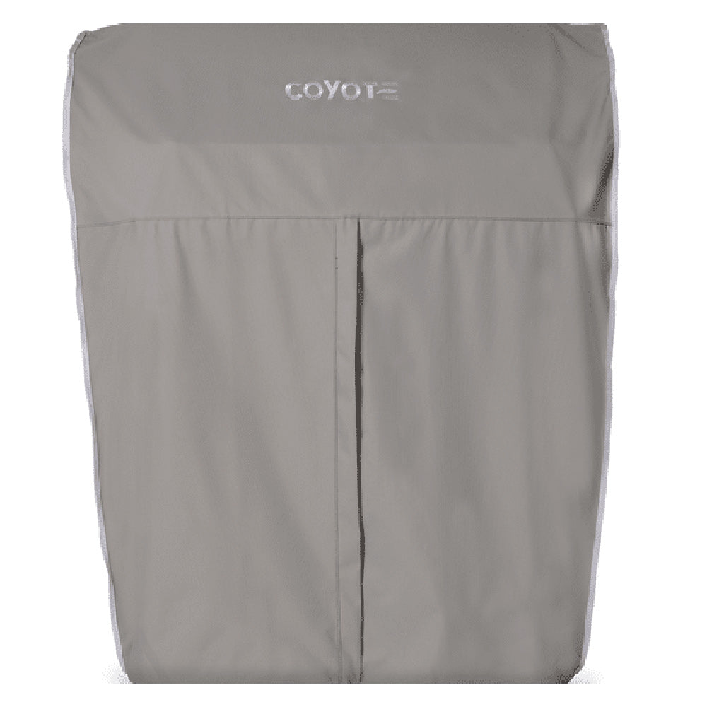 Light gray vinyl griddle cover with Coyote logo and fitted hem