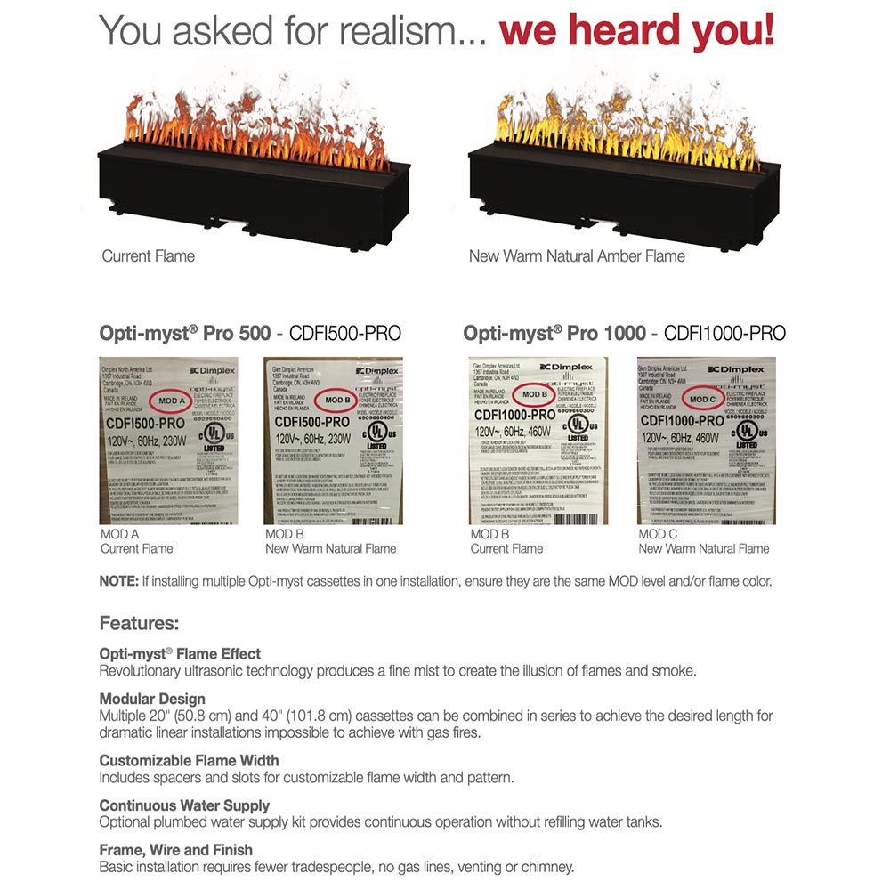 Electric fireplace brochure page showing two flame settings and specifications