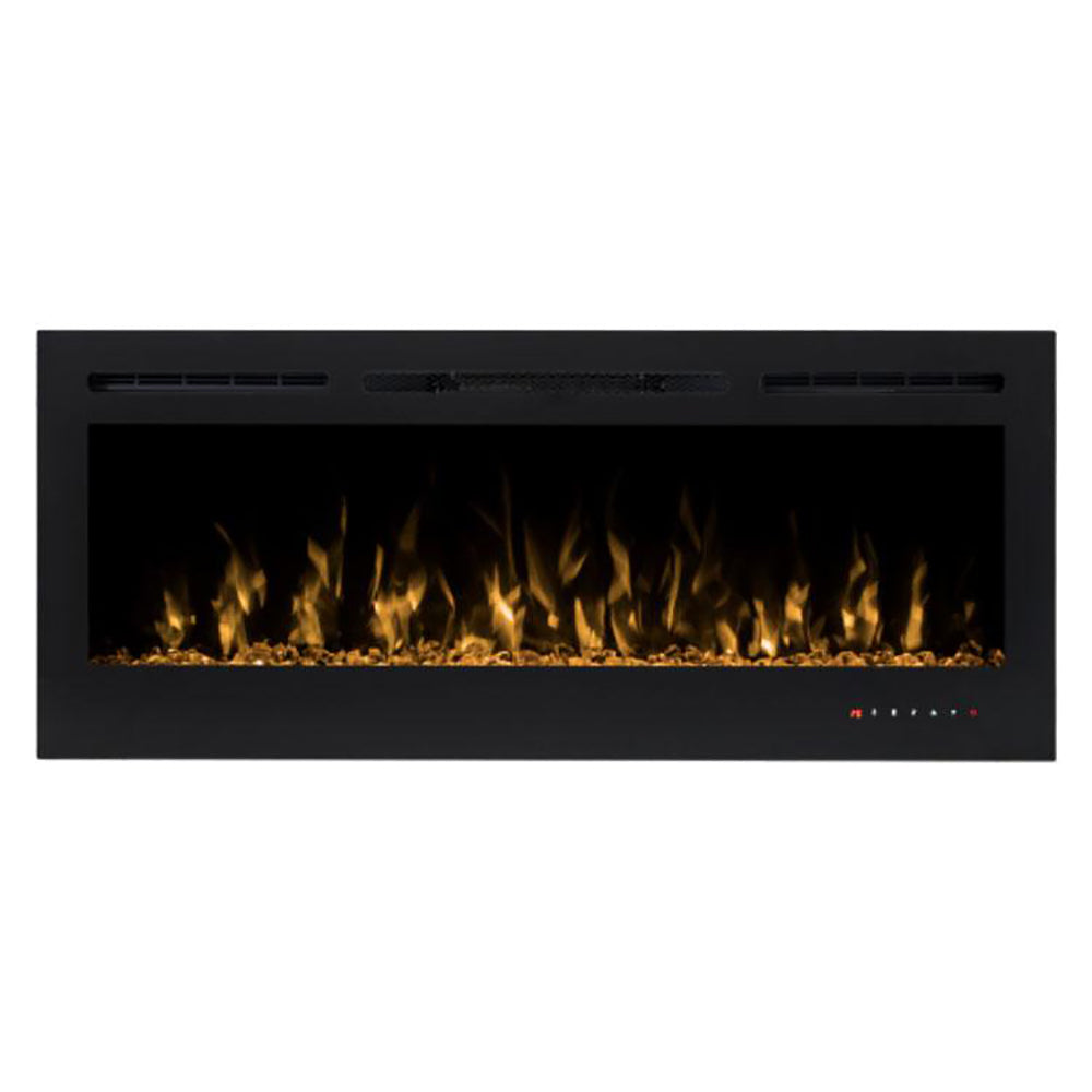 Black built-in electric fireplace with yellow-orange flames and side vent grilles