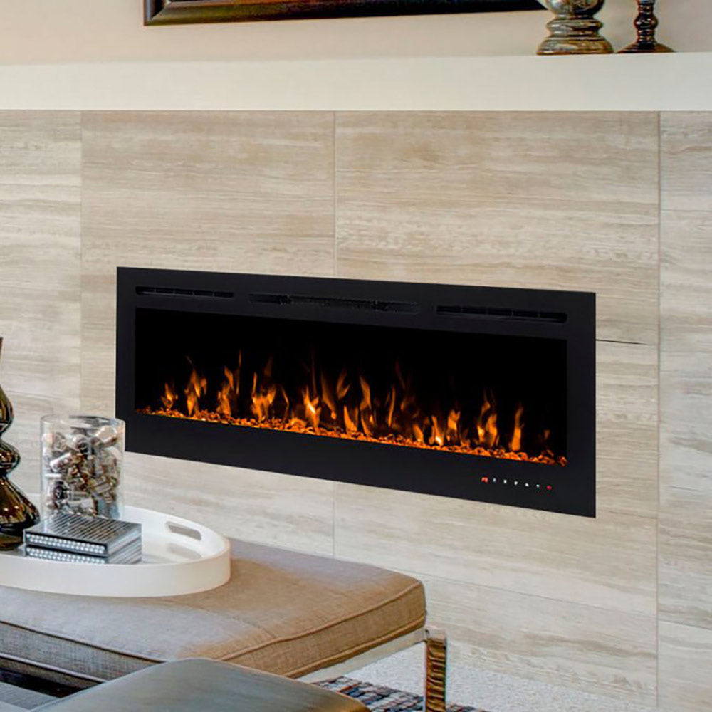 Built-in electric fireplace with orange flames in black frame on light stone wall