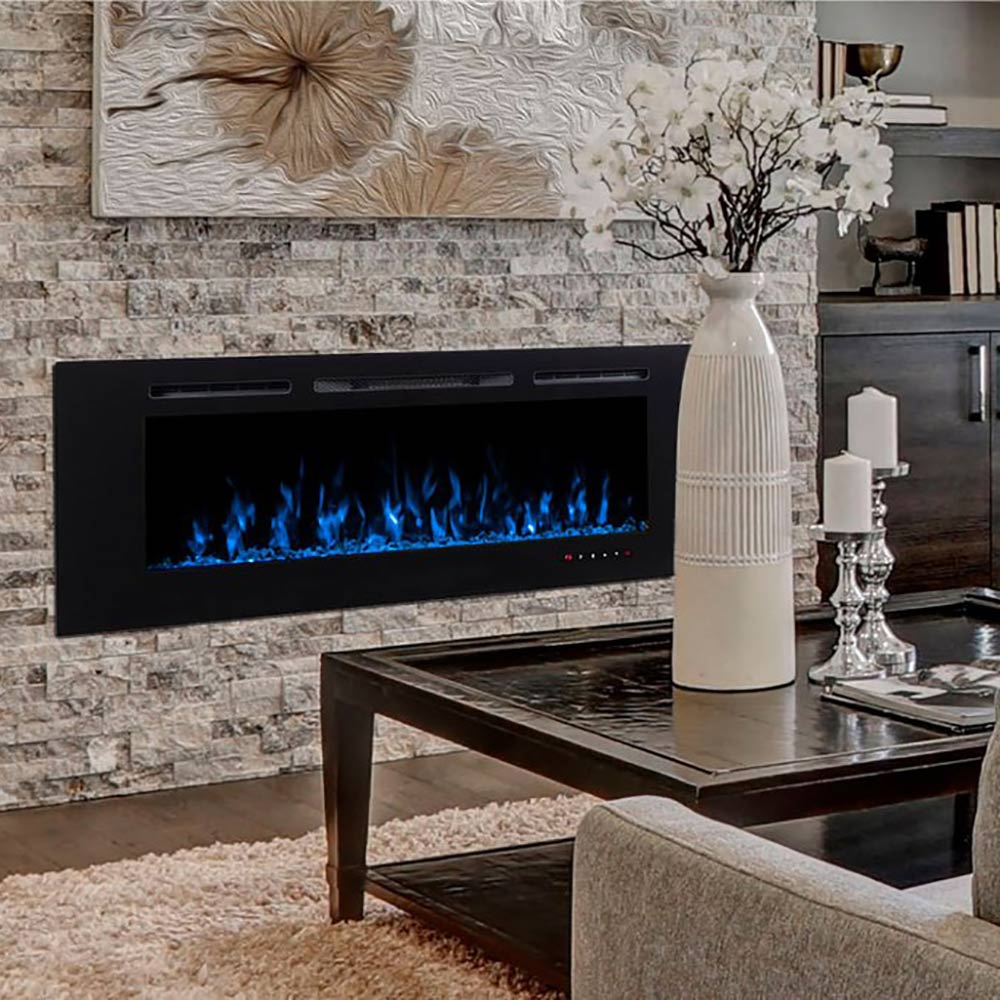 Built-in electric fireplace with blue flame display and black trim in wall