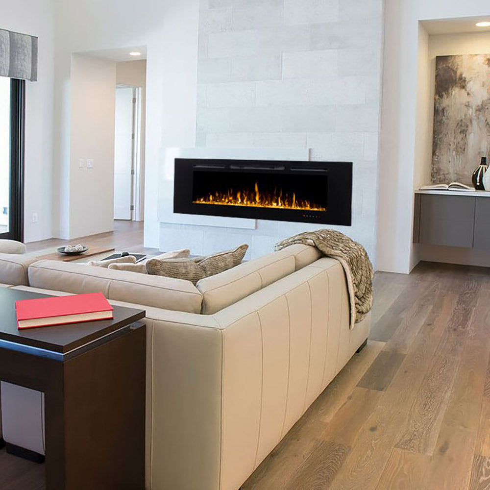 Built-in electric fireplace with orange flame bed and black frame, mounted in wall