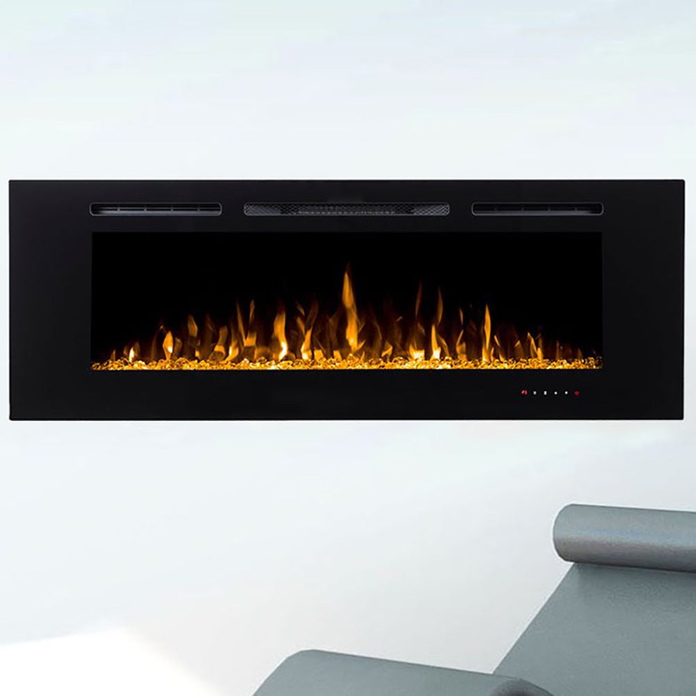 Black built-in electric fireplace with orange flames, side vents and front controls
