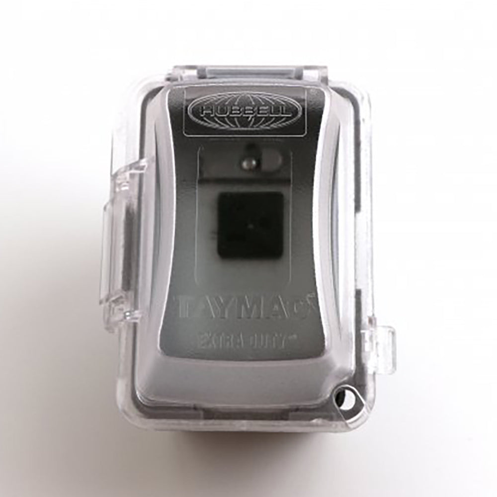 Junction box with clear weatherproof cover and black HUBBELL label