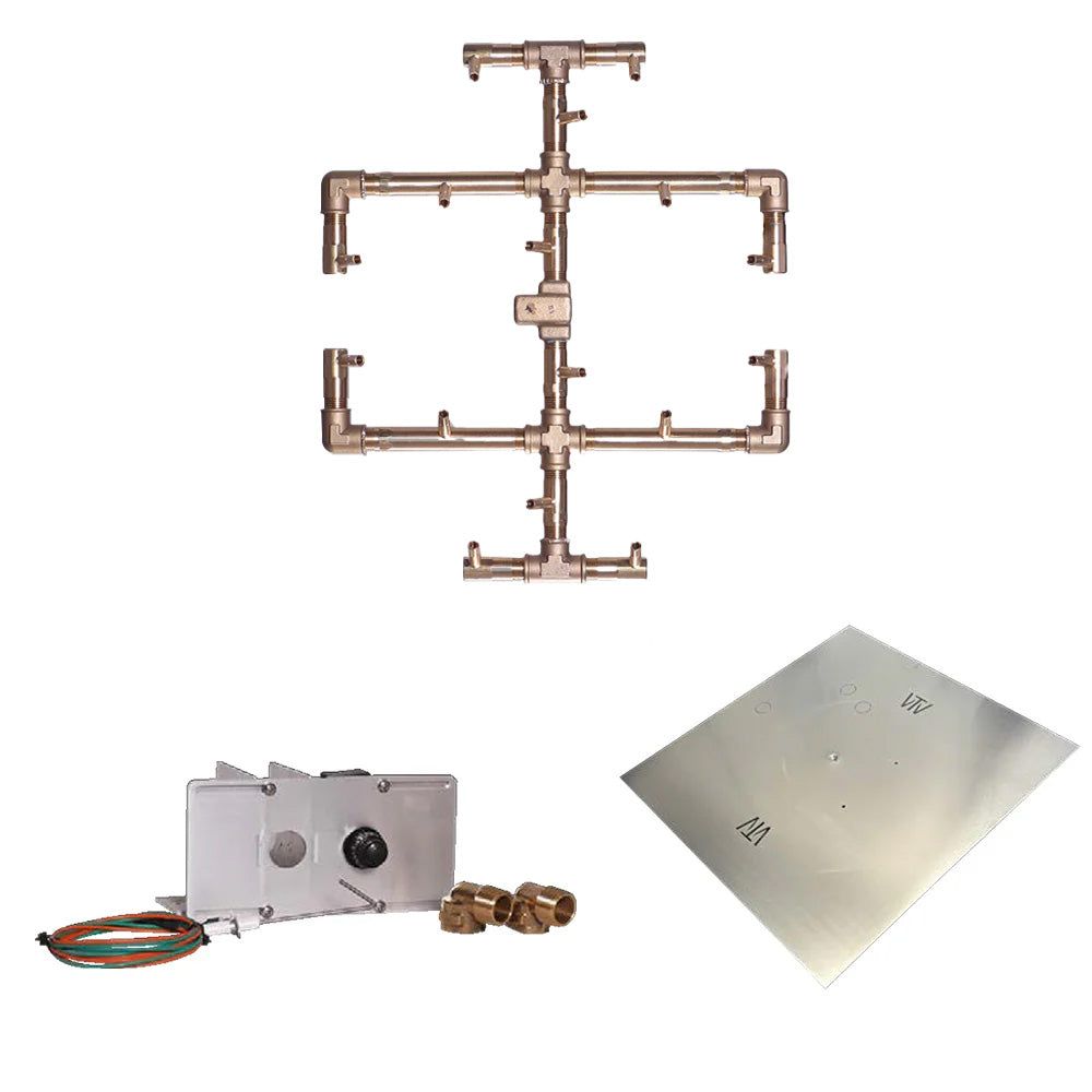 Brass burner kit with manifold, control box, and square metal plate