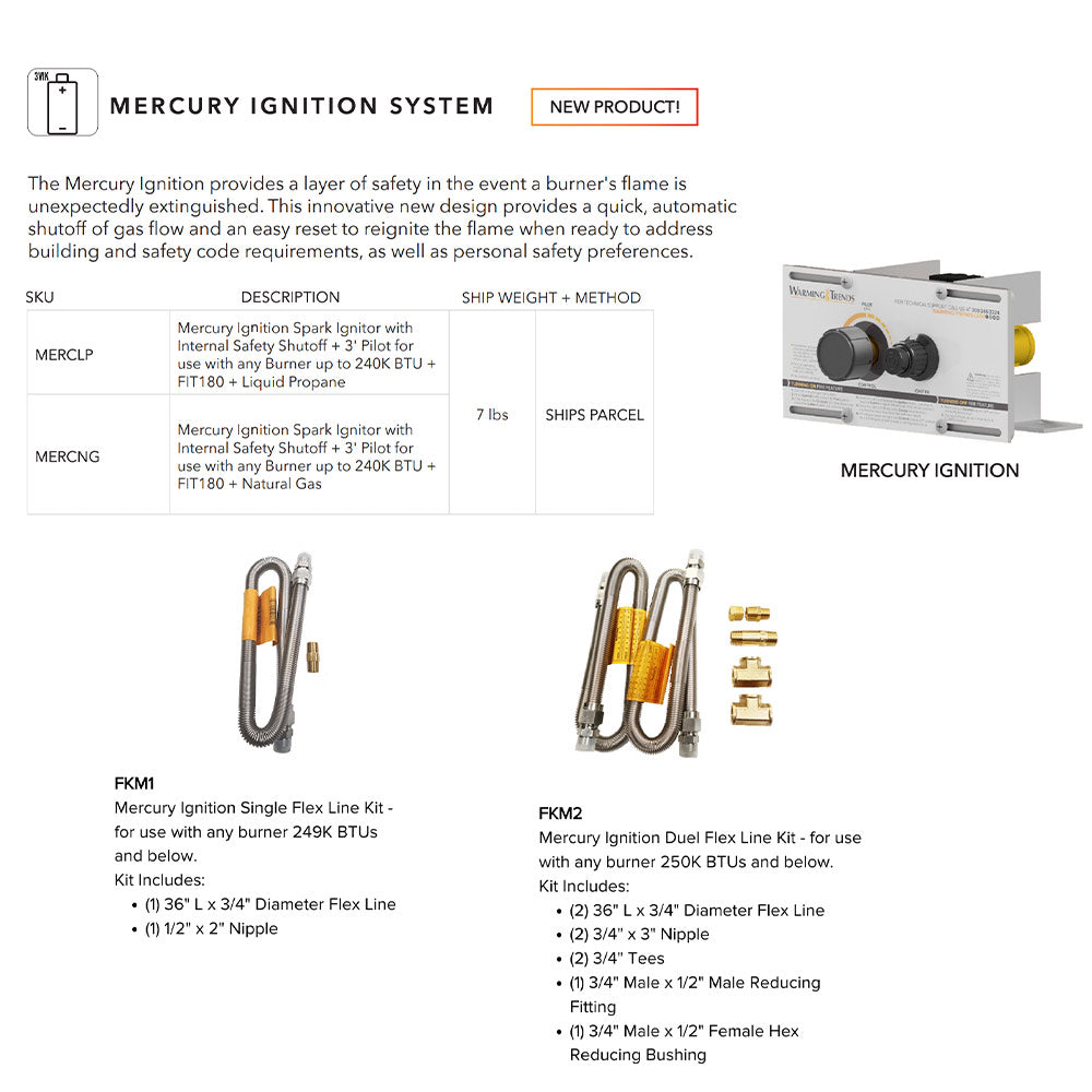 Mercury ignition system kit with flex gas line assembly and brass fittings