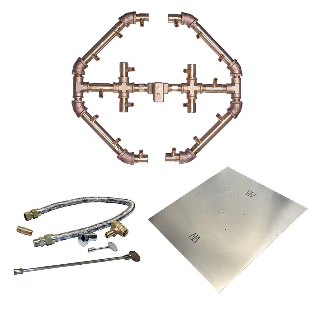 Natural gas burner kit with octagonal frame, match-lit components, hoses, and square plate
