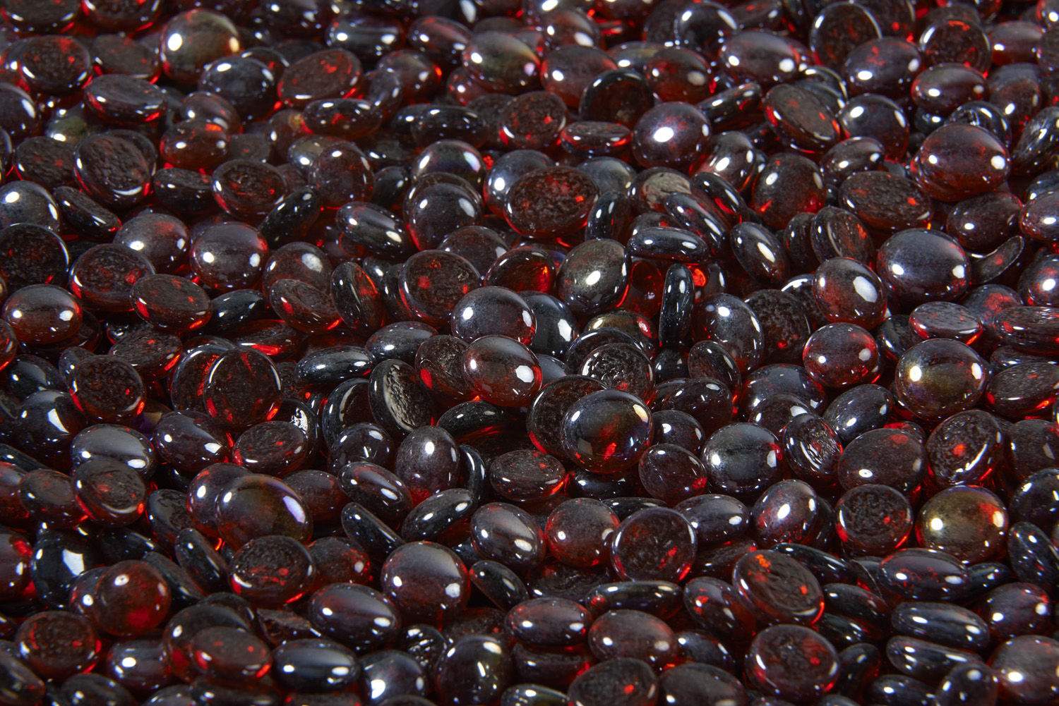 Ruby red fire glass gems, glossy round beads for fire pits